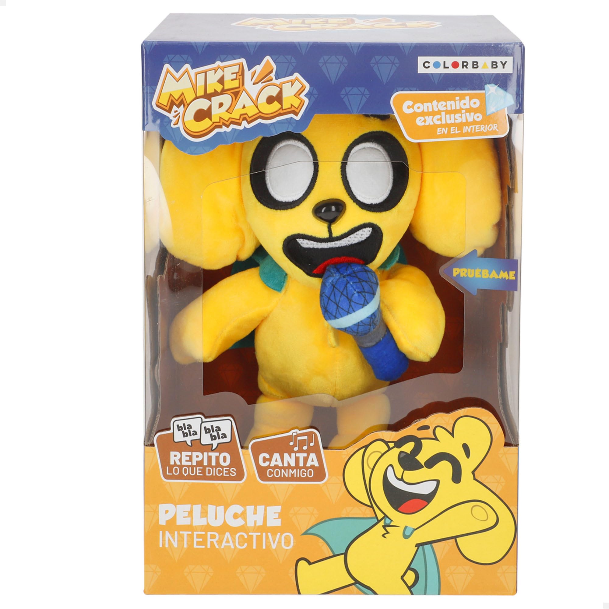 COLORBABY Mikecrack 85423 Plüschtier Mike Hund mit Musik, Aufnahme und Sprachwiedergabe, YouTube-Charakterspielzeug, 29 cm, Singen Schokolade mit Mandeln, wiederholt das, was Sie Sagen
