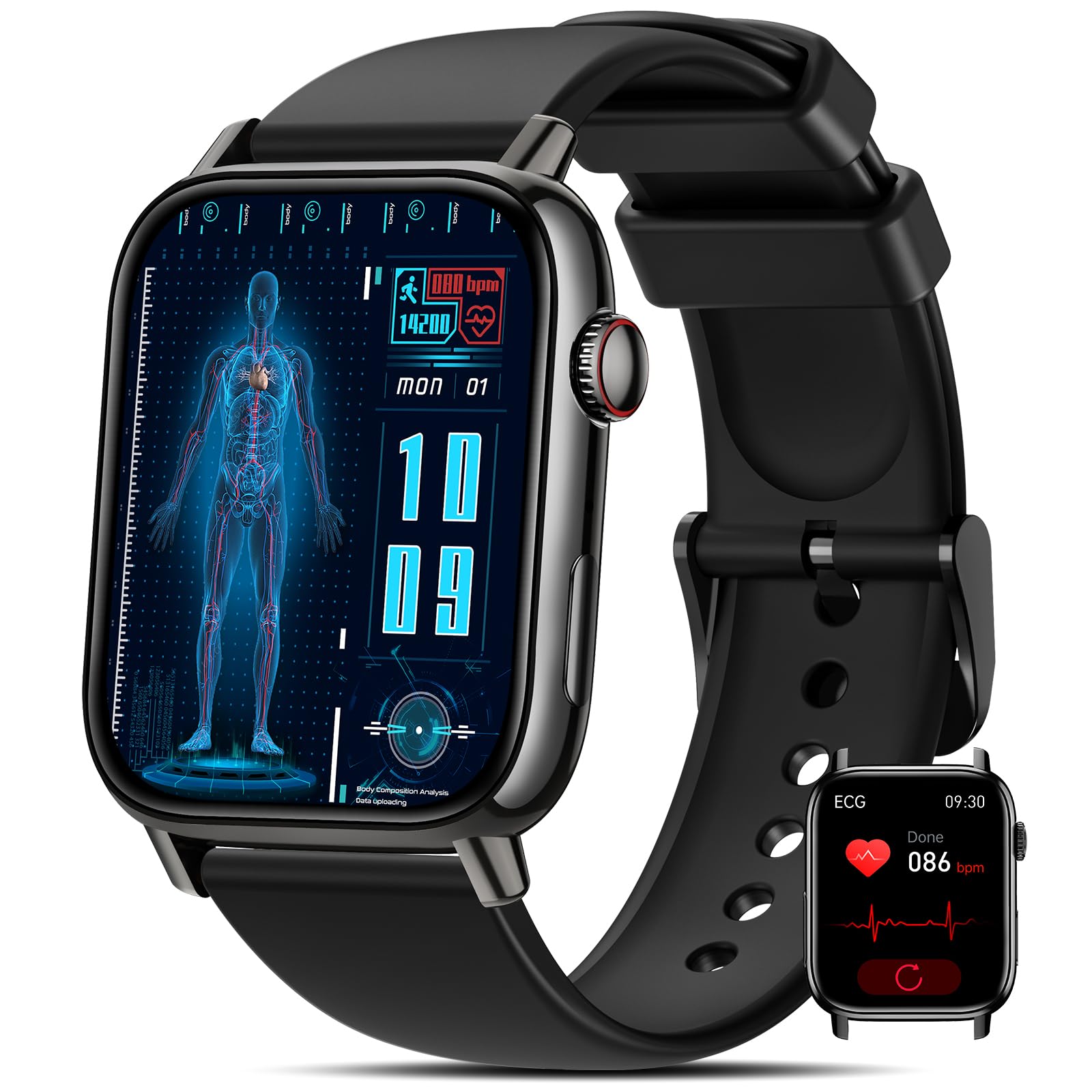 BANLVS Smartwatch Uomo Donna con 𝐆𝐥𝐢𝐜𝐞𝐦𝐢𝐚/HRV/ECG, 1,83" Smart Watch Orologio con Bluetooth Chiamate, 24H SpO2, Cardiofrequenzimetro Sonno 145+ Sport IP68 Notifiche Messaggi Android iOS Nero