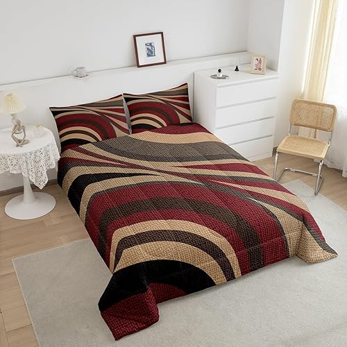 Miniatura 3 de Feelyou Juego de edredón de rayas color burdeos, rojo y marrón, tamaño individual, edredón geométrico para niños y adolescentes, juego de ropa de