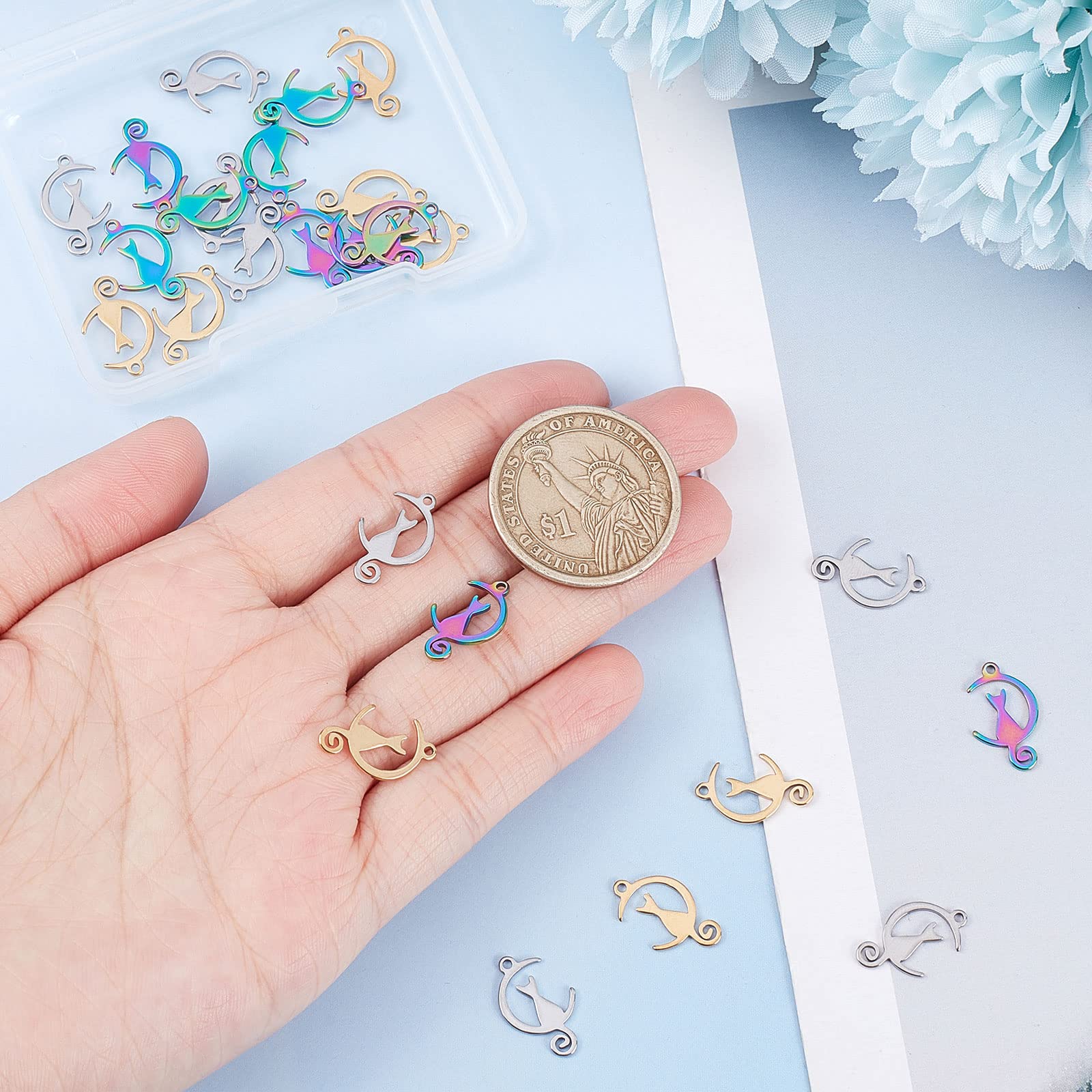 Beebeecraft 30Pcs Moon Cat Charms - Stainless Steel Celestial Jewelry Pendants