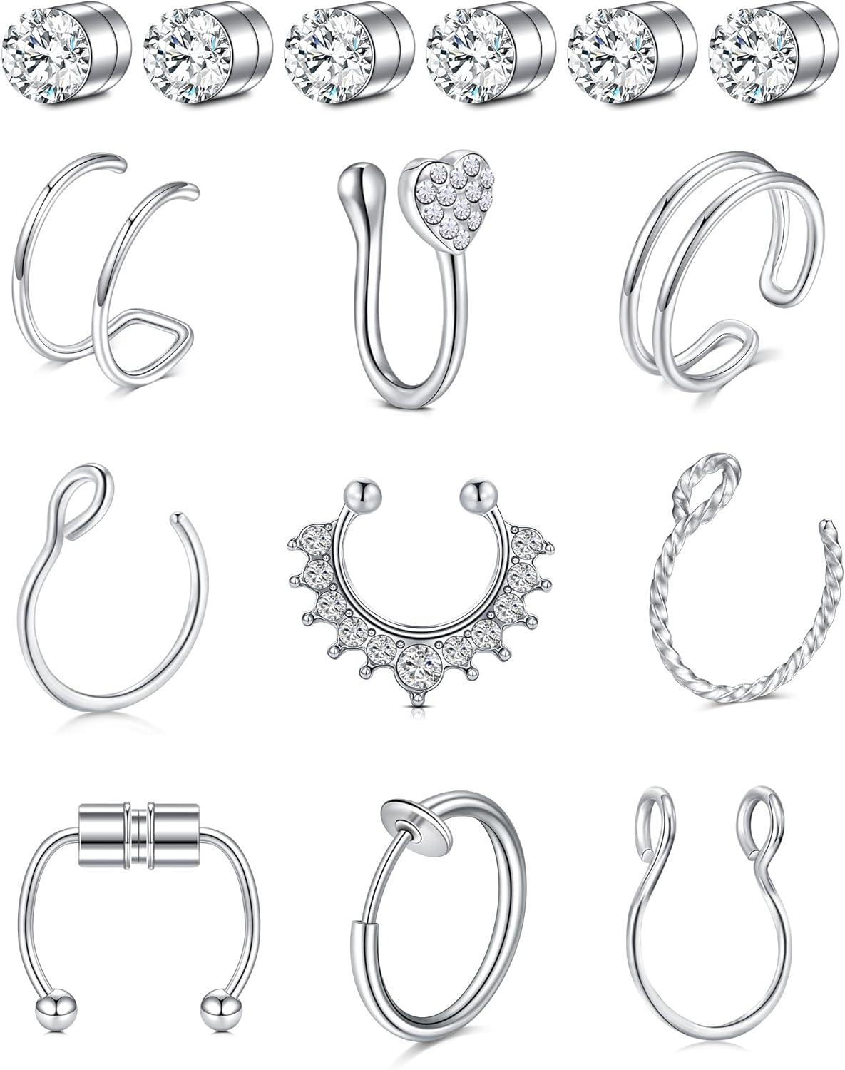 QWALIT Fake Nose Ring Fake Septum Fake Nose Rings for Women Fake Nose Piercing Fake Septum Ring Fake Septum Piercing Faux Nose Rings for Women Fake Nose Ring Hoop Fake Lip Ring 11-mix -silver single