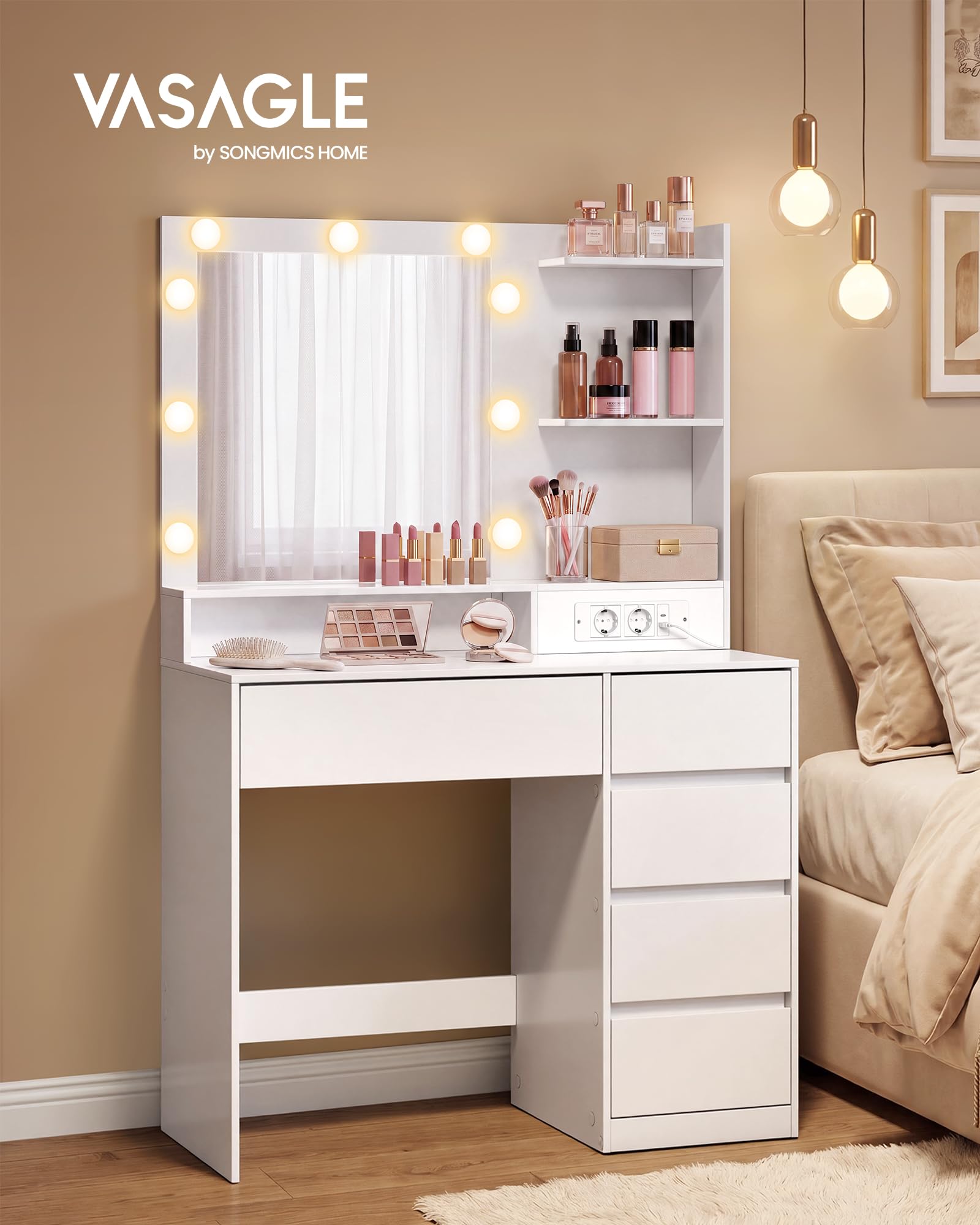VASAGLE Tocador de Maquillaje con Luz, Mesa de Maquillaje con Espejo y Cajones, Escritorio con Enchufe y Puertos USB, 80 x 40 x 144,3 cm, Blanco Nube, Colección Kailyn RDT241WB01