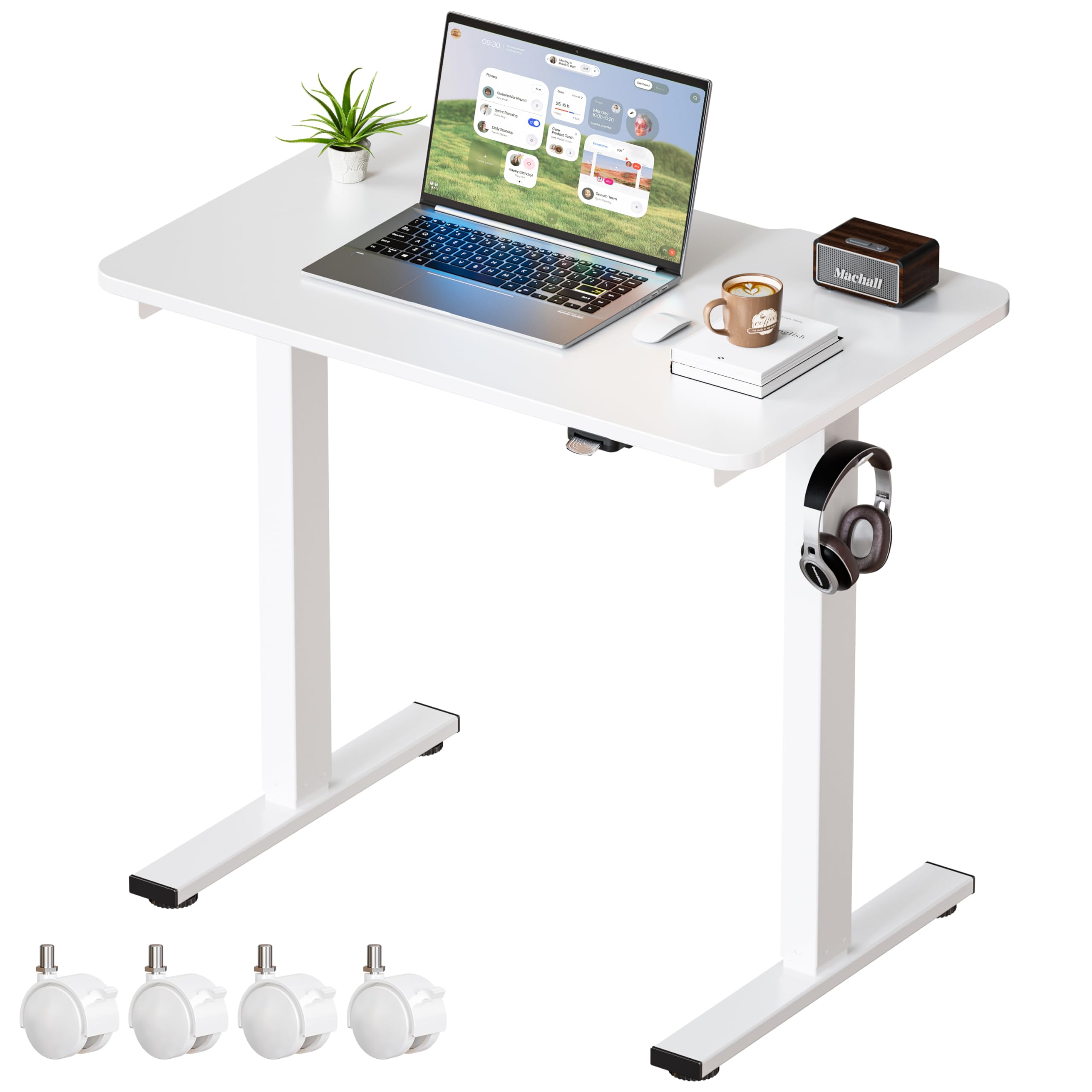 Okin Electric Standing Desk 31.5x19.7 Inches Small Computer Desk-Whole Piece Stand up Desk with Wheels Gaming Rolling Home Office Desks, White