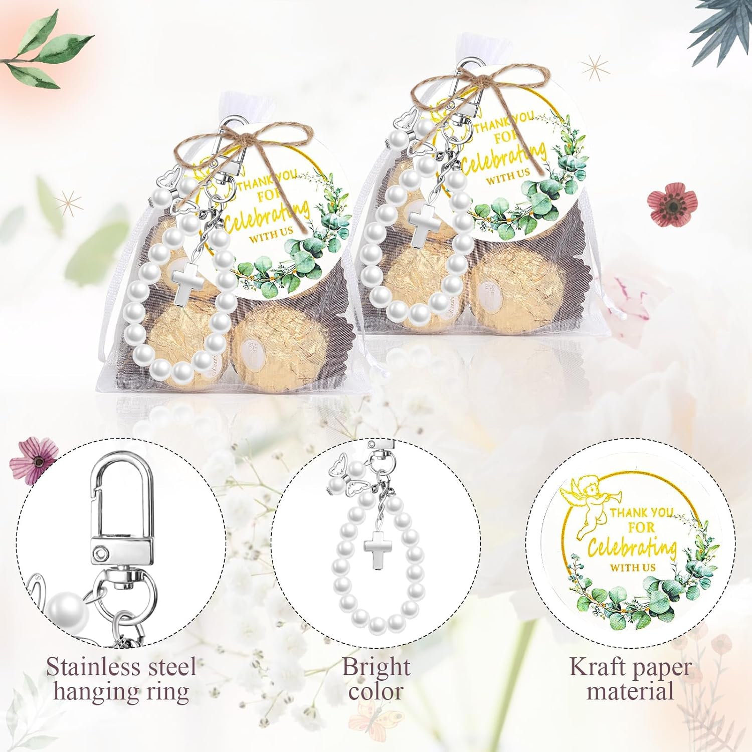 50 Sets Wedding Favors for Guests, Angel Pearl Keychain Wristlets with Thank You Cards Organza Bags Bridal Shower Party Gifts Wedding Souvenirs for Decorations