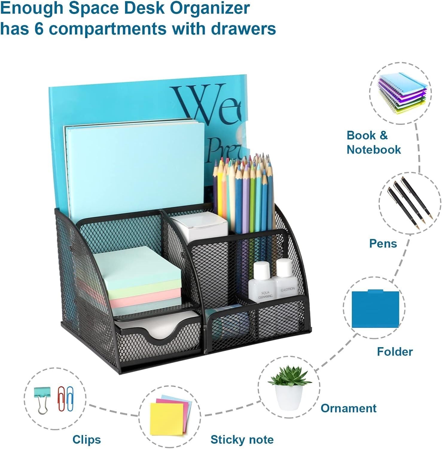Organizer da scrivania in rete metallica | 22x13x14 cm for ufficio: organizer da scrivania in rete con 6 scomparti
