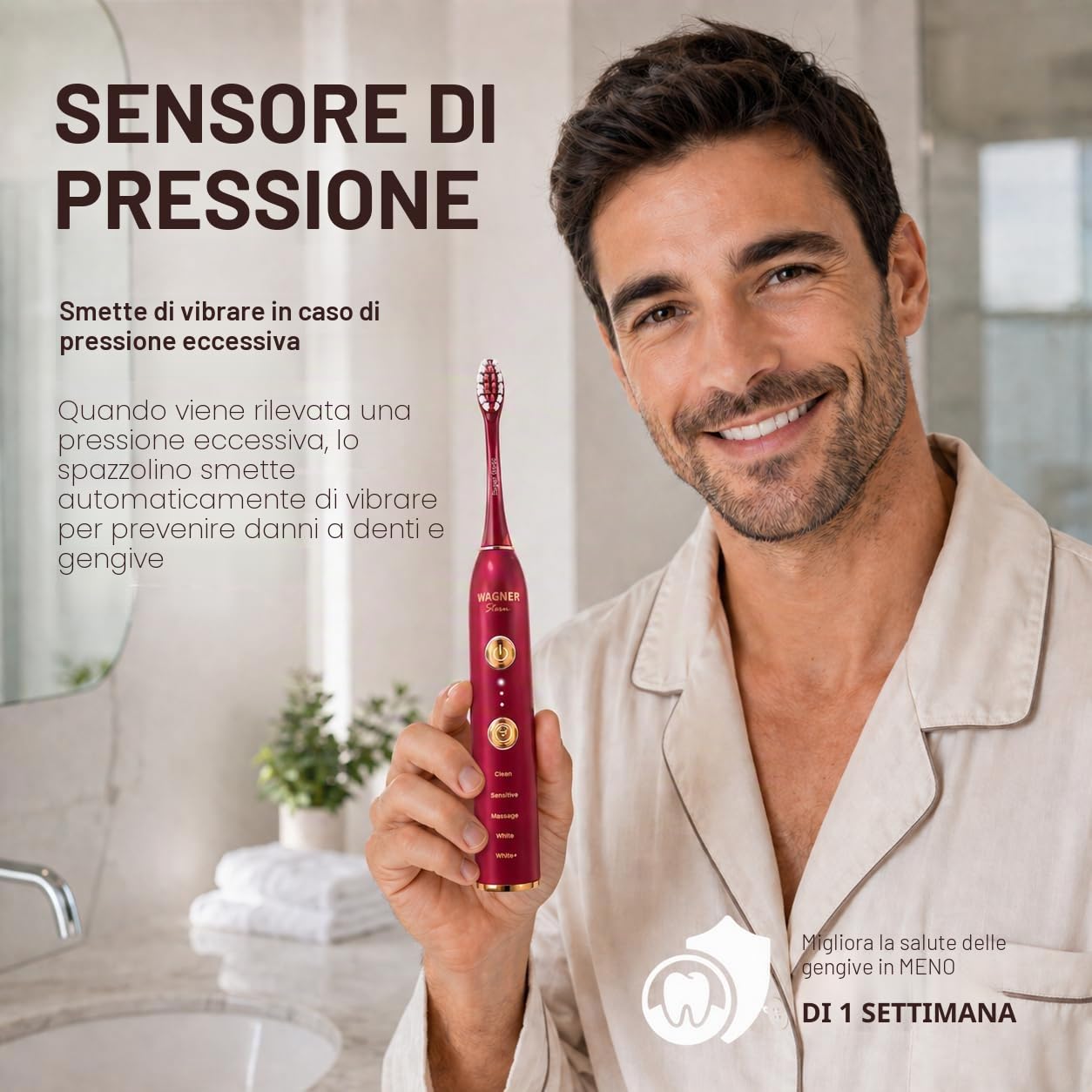 Wagner Stern Edizione WHITEN+. Spazzolino elettrico con sensore di pressione, 5 modalità, 3 intensità, 8 testine, custodia da viaggio. (cremisi)