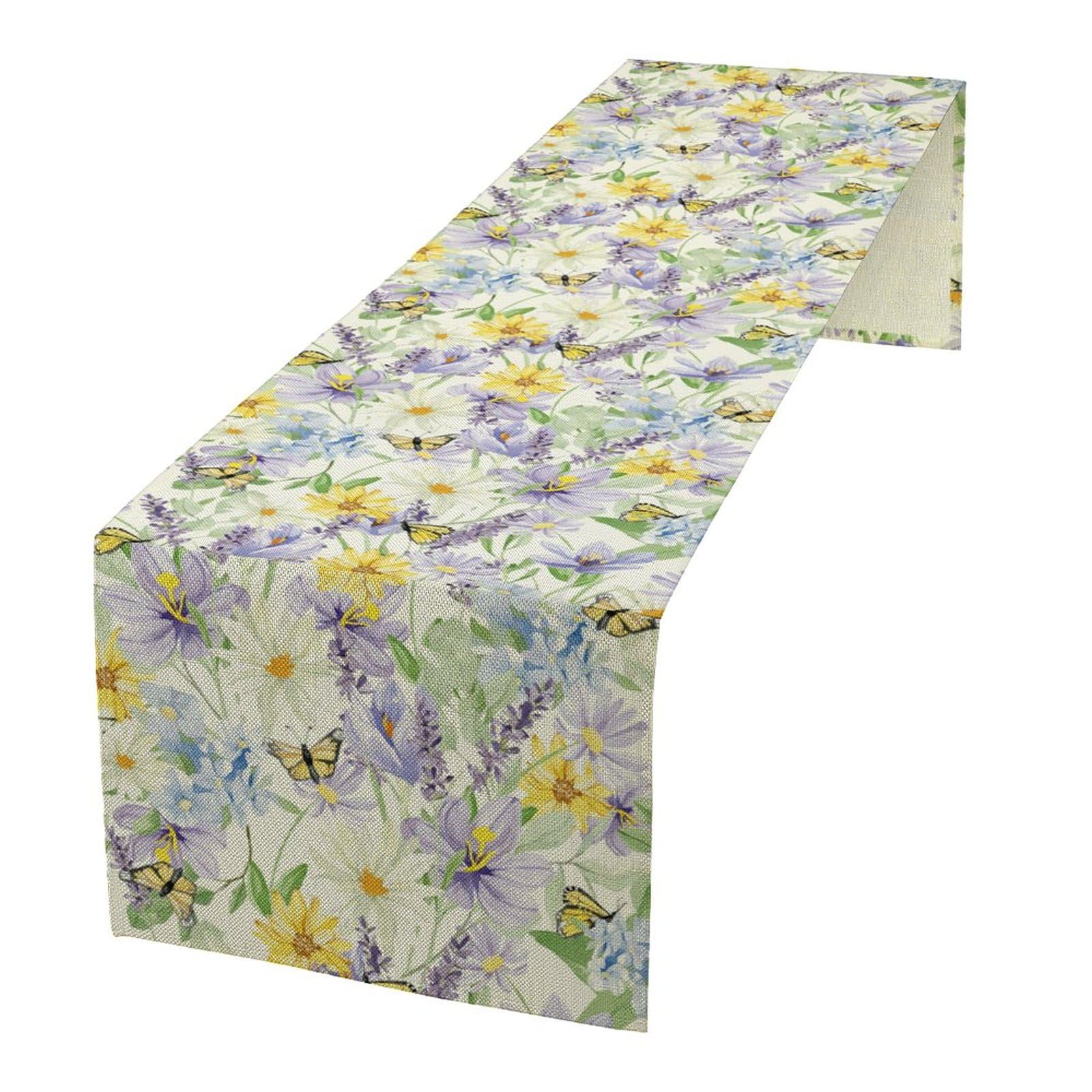 Butterfly Table Runner Watercolor Yellow and Blue Flowers Green Leaves Butterflies Pattern Table Runner Table Cloth Decoration Dresser Garden Farmhouse Wedding Party Vacation Dinner Home 13x108 inches