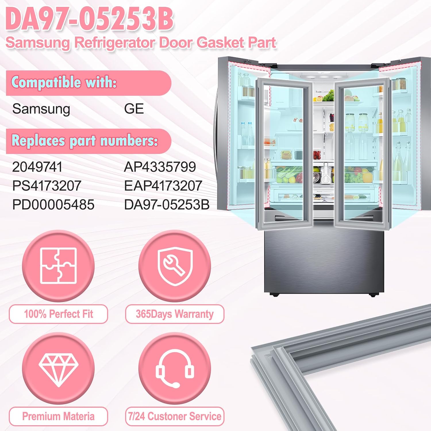 LXun Upgraded DA97-05253B Refrigerator Door Gasket Compatible with Samsung Refrigerator Freezer Door Seal parts Replaces Samsung DA97-05253B Door Gasket Part 2049741 AP4335799 PS4173207 EAP4173207