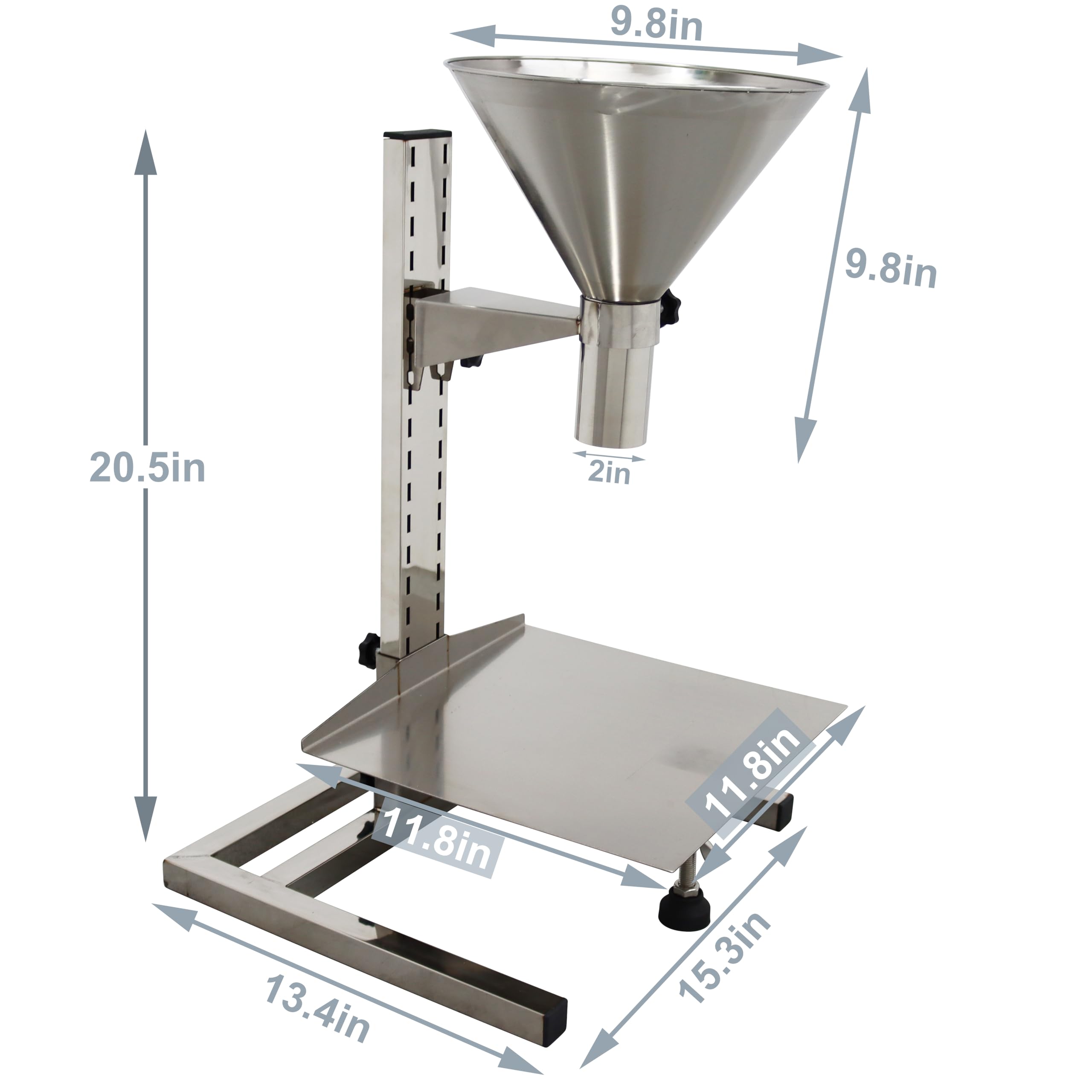 TECHTONGDA Stainless Steel Funnel Food Grade Kitchen Feeding Hopper with Support Stand and Lifting Platform for Powder, Paste, Liquid, Granule Manual Filling Package Bottom Diameter 2 Inch