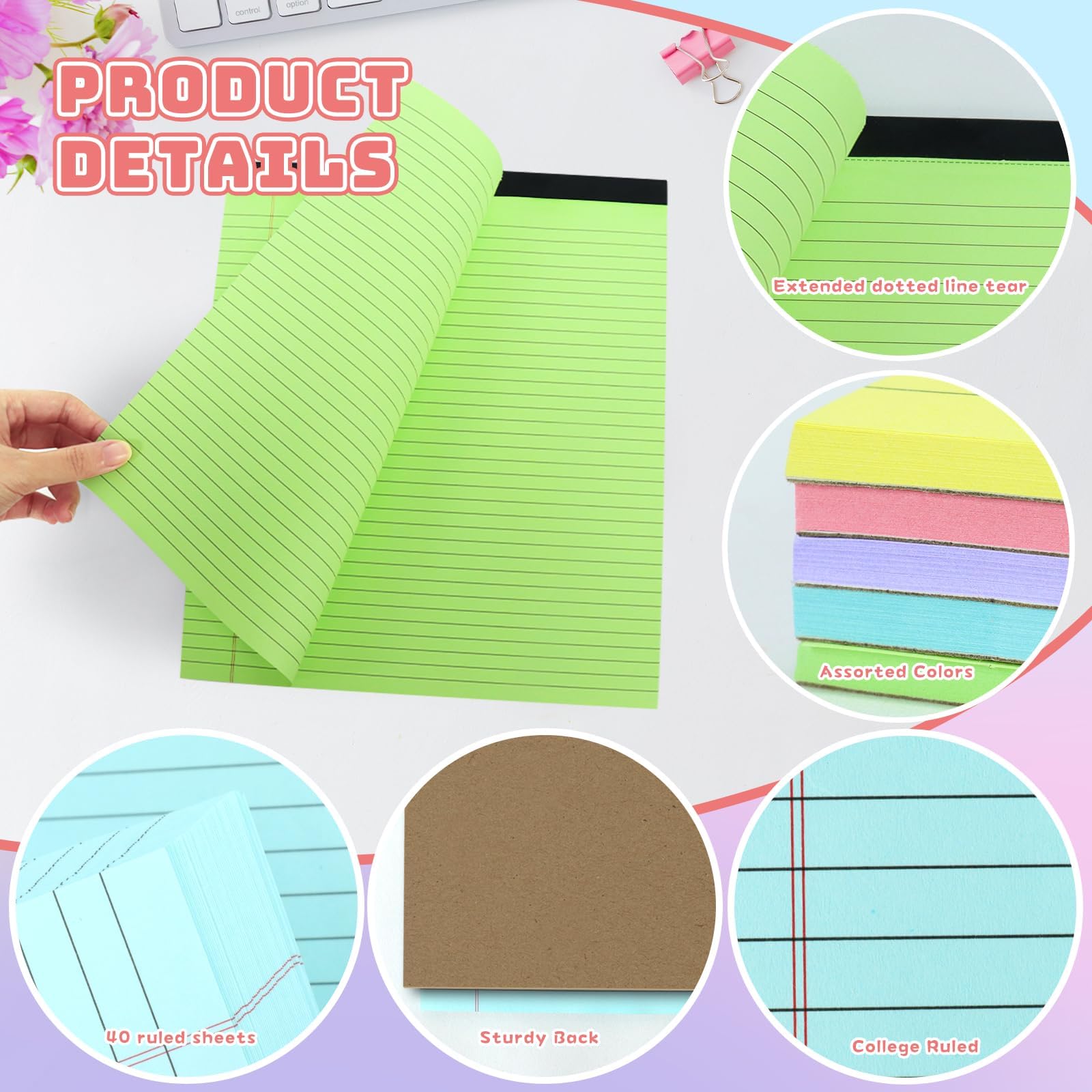 Tecmisse Paquete de 5 blocs de notas legales de 9.5 x 11 pulgadas, bloc de papel rayado de colores, bloc de escritura universitaria rayado, 40 hojas de cada bloc de papel para suministros escolares y