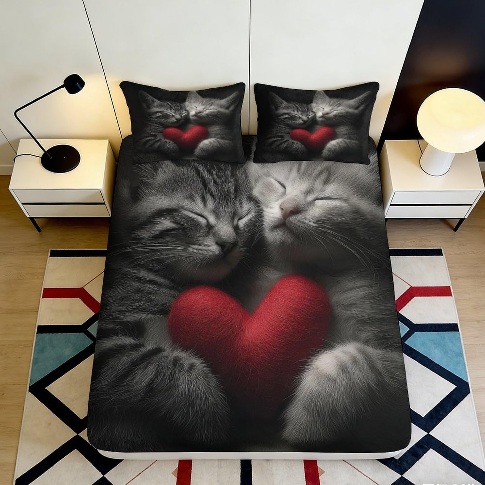 3D Printed Cat Heart Fitted Sheet Microfiber Deep Pocket Non-Slip Bedroom Cat Mattress Fitted Cover Washable 200x200x25cm