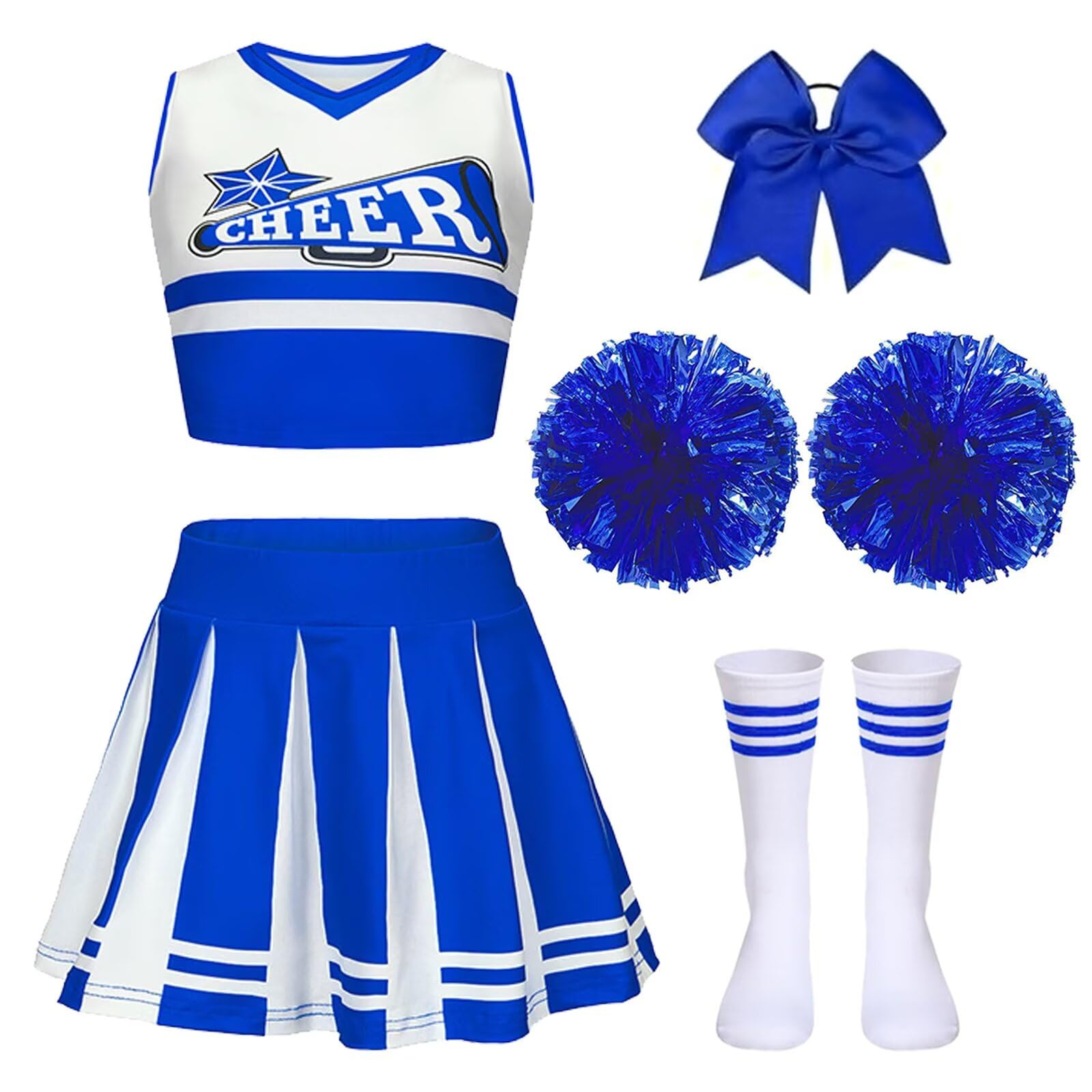 PIXUYE Pompom Carnival Girl Costume Cheerleader Costume with Barrette Bow Cheerleader Baton Pom-poms and Socks, Cheerleader Uniform for Halloween Carnival Parties, Blue 110