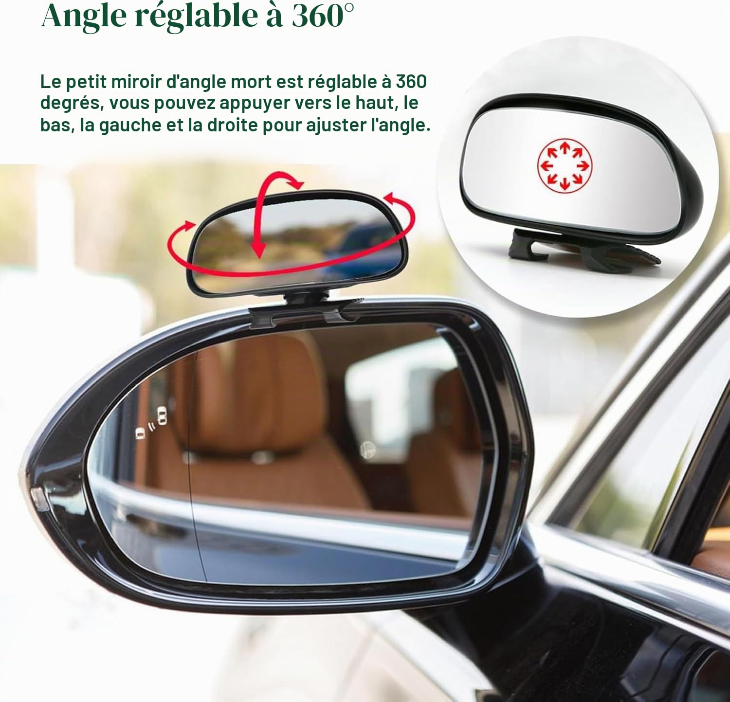 Miroir d'Angle Mort pour Voiture, Verre Convexe Rotatif Réglable à 360°, Miroir Latéral Universel pour Voiture, Camion, SUV (1 Pack)