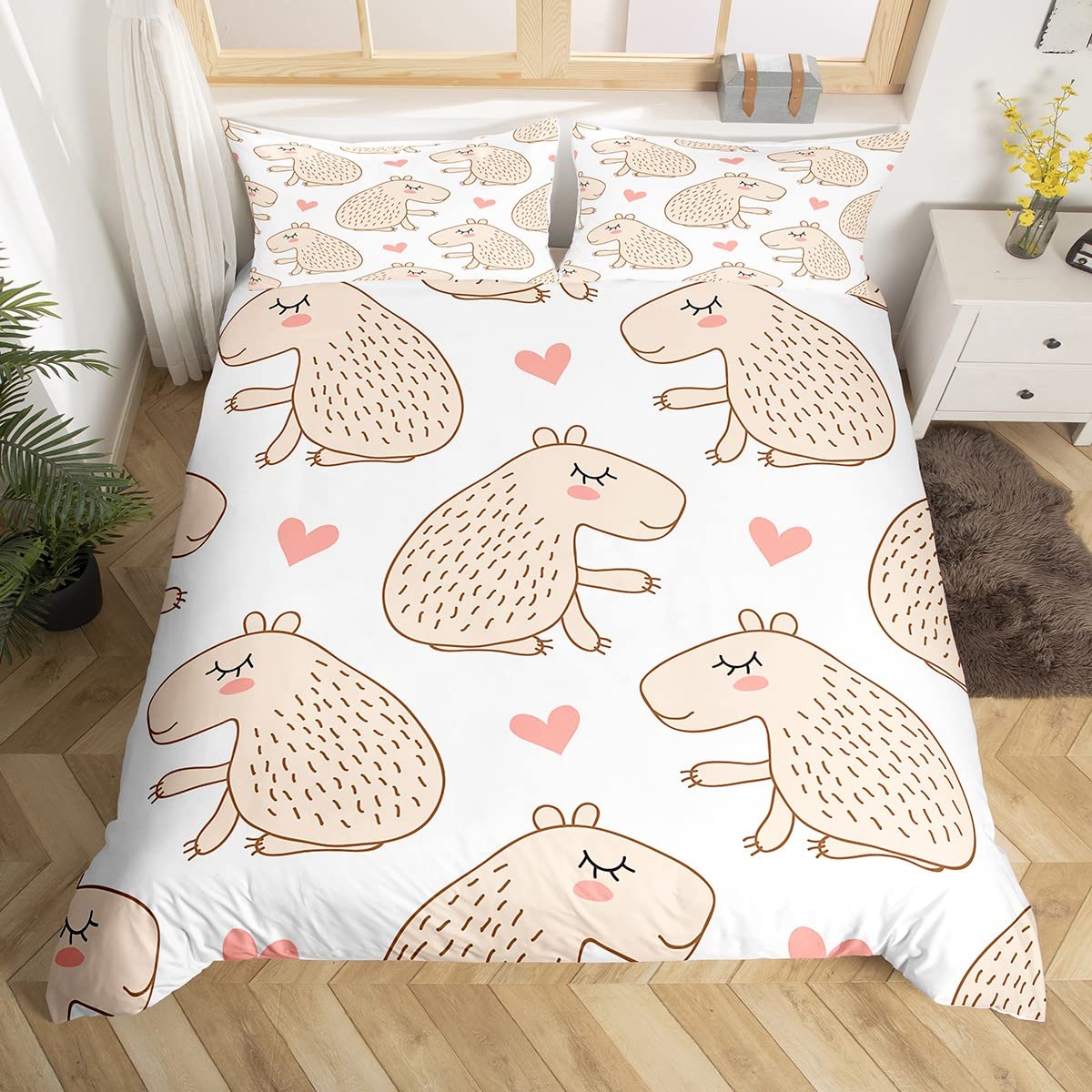 Manfei Cartoon Capybara Duvet Cover Set King Size, South America Fauna Bedding Set 3pcs for Kids Boys Girls Room Decor, Pink Hearts Print Comforter Cover Soft Polyester Quilt Cover with 2 Pillowcases