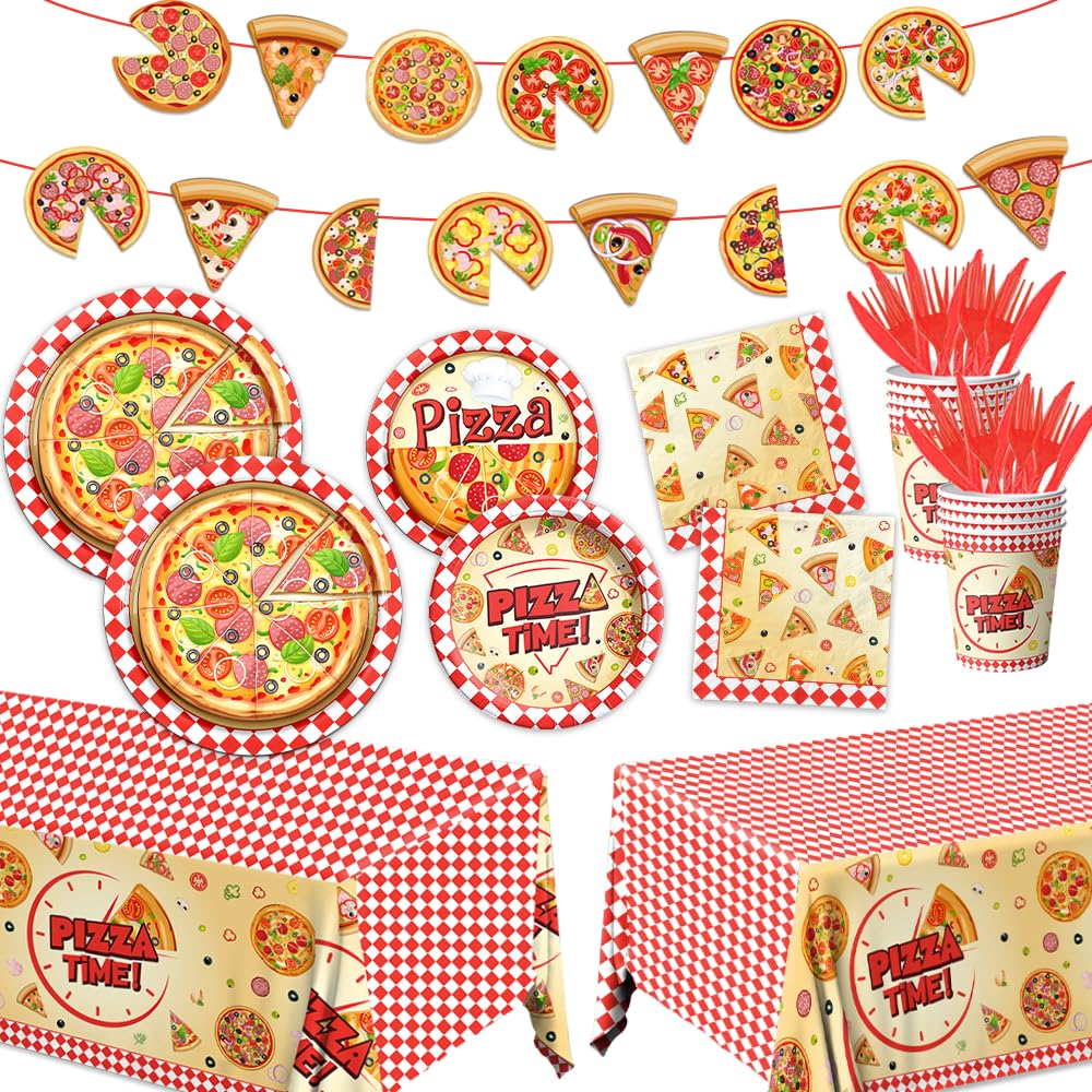 143Pcs Pizza Party Supplies Tableware Set Pizza Birthday Party Decorations Paper Plates and Napkins Cups Tablecloth Banner Cutlery for Kids Birthday