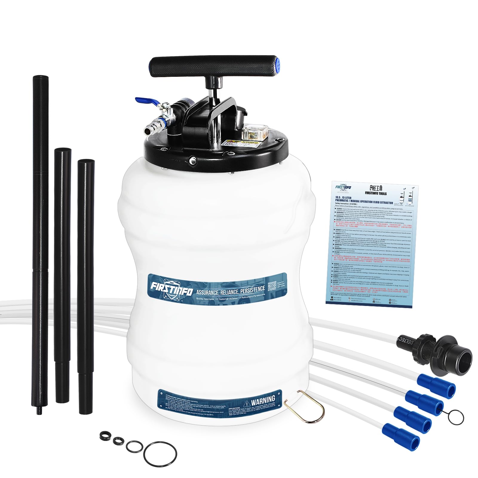 FIRSTINFO Extractor de Aceite Neumático/Manual 10,5L, Fabricado en Taiwán, con Manómetro, 5 Tubos de Aspiración, Sonda Ultrafina de 3,5 x 4,5 mm, A1107EUY5
