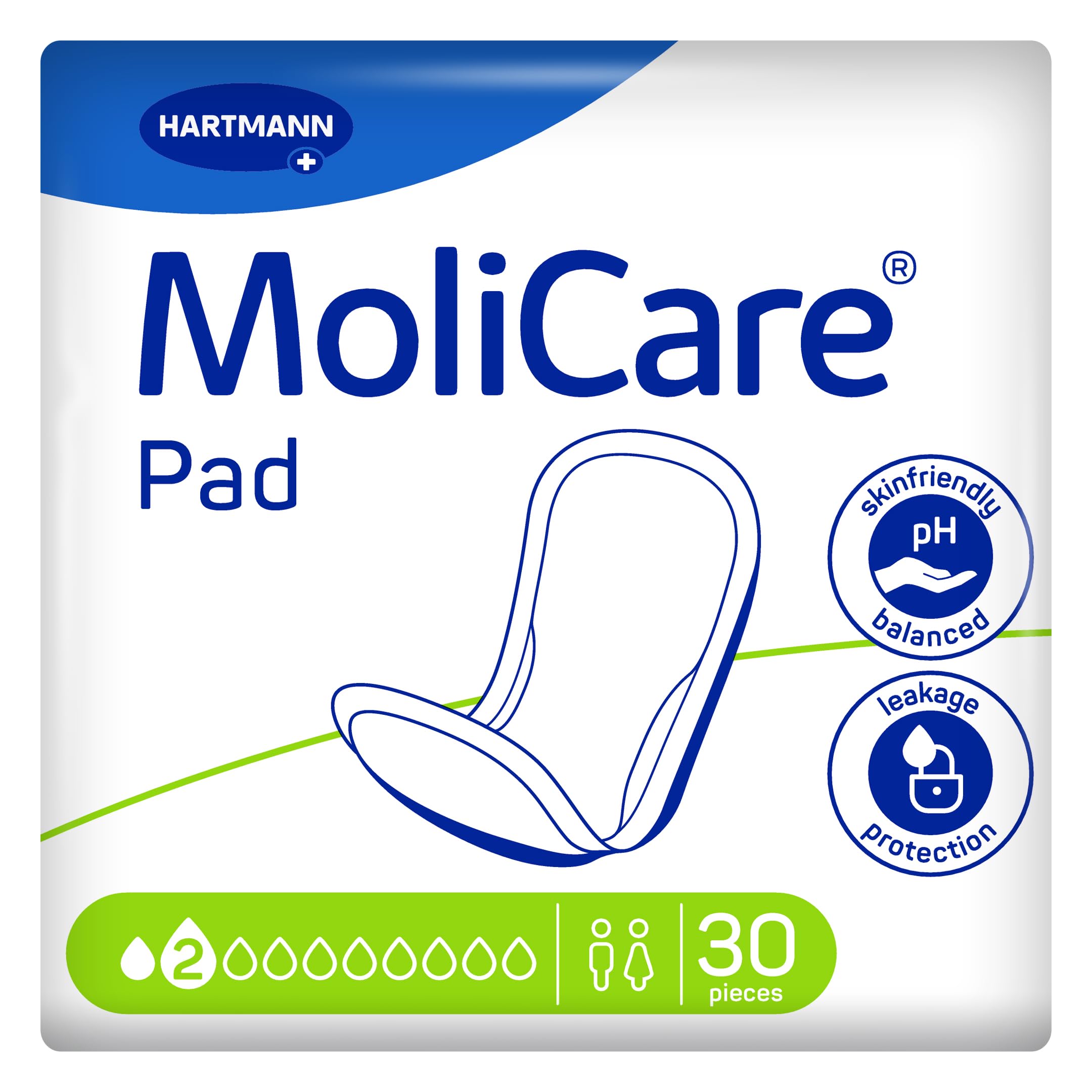 MoliCare Pad 2 Drops | Slim and Discreet Incontinence Pads for Light Bladder Leaks | 30 Pieces | Absorbs up to 357ml