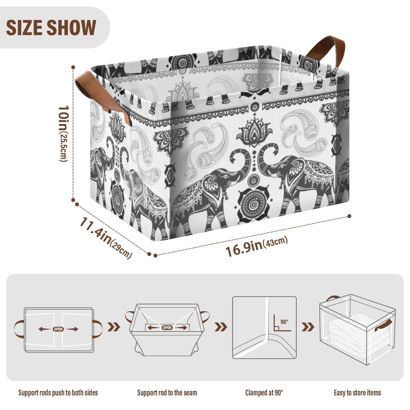 Mandala Flower Ethnic Tribal Elephants Black White Pattern 2PC Rectangle Foldable Frame Basket Leather Handles Storage Bin for Laundry Bathroom Organizer M 16.9 x 11.4 x 10 inch