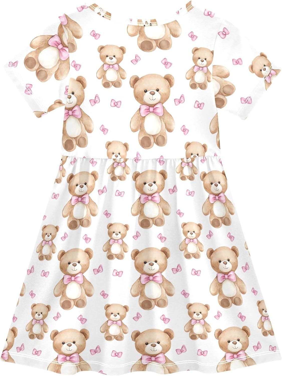 Girls Summer Dress Cute Bear Print Short Sleeve Midi Dresses for Toddler Girl Bowknot Bear Dress 7-8 Years Size 8 - Image 2