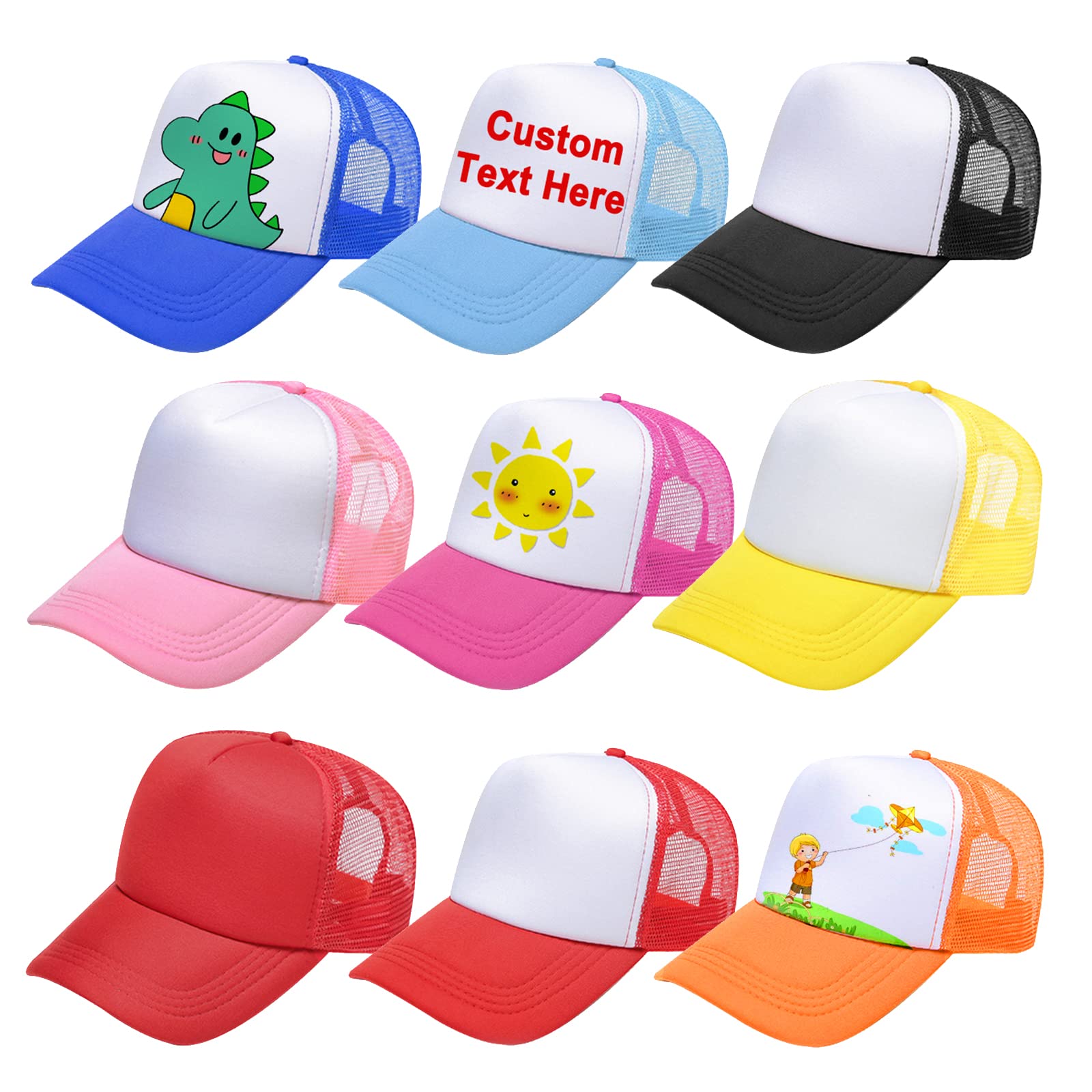 Funkeet 9 Pack Kids Mesh Back Baseball Cap Adjustable Sublimation Blank Trucker Hats for DIY