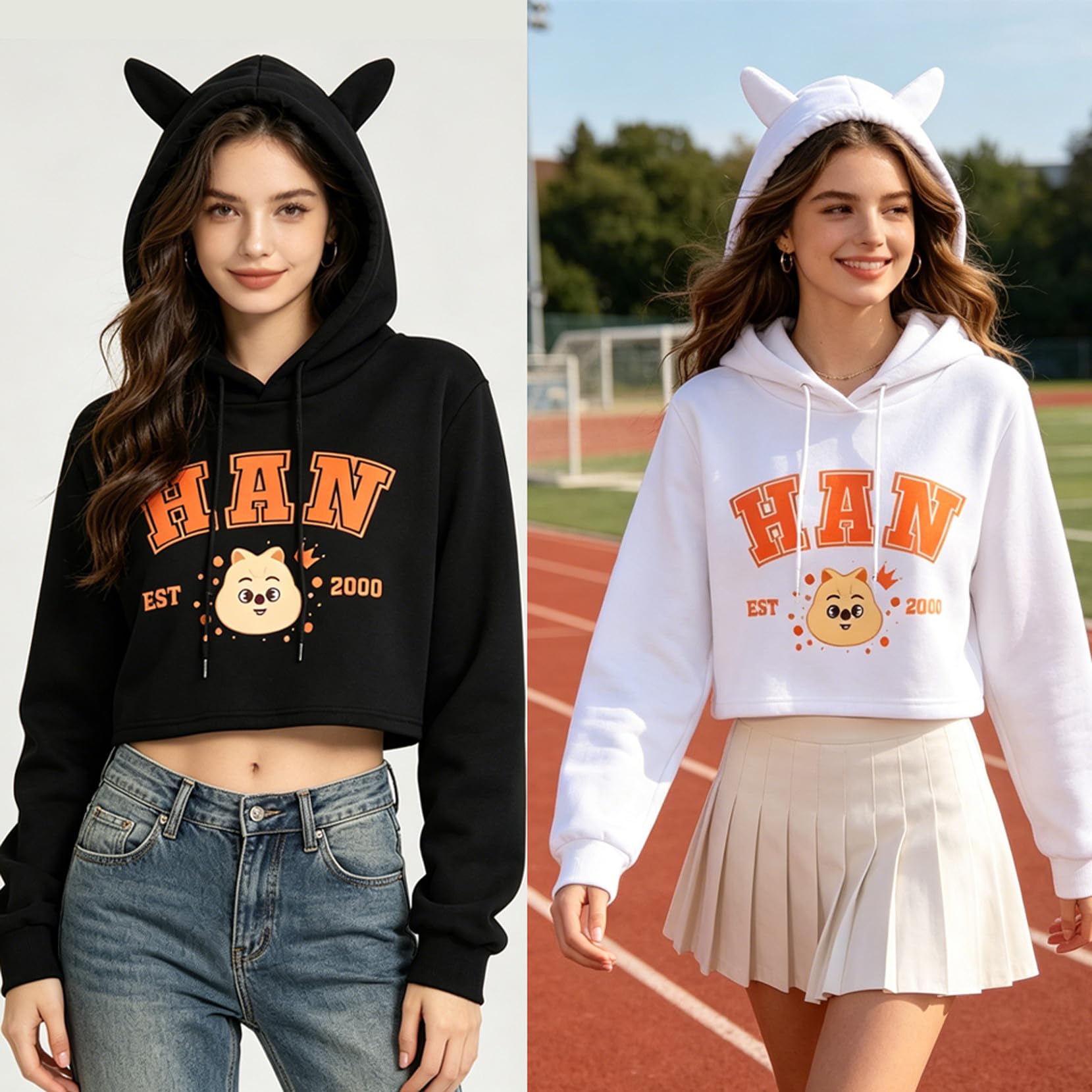 Stray Kids Sudaderas para Mujeres niñas Felix Jisung Minho Bangchan Sudaderas de oído de Gato Impresa Crop Top