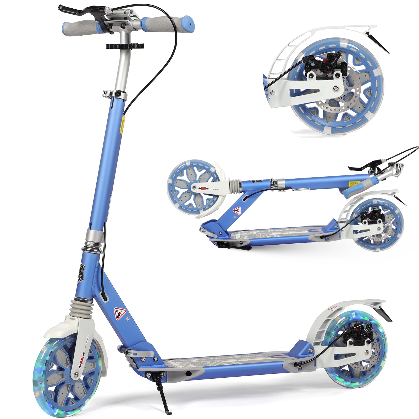 Adult Kick Scooter with Disc Handbrake, Foldable Adjustable City Scooter with Dual Suspension, 200mm Big Wheels Scooter for Kids Ages 8-12 and up (Blue-LED)