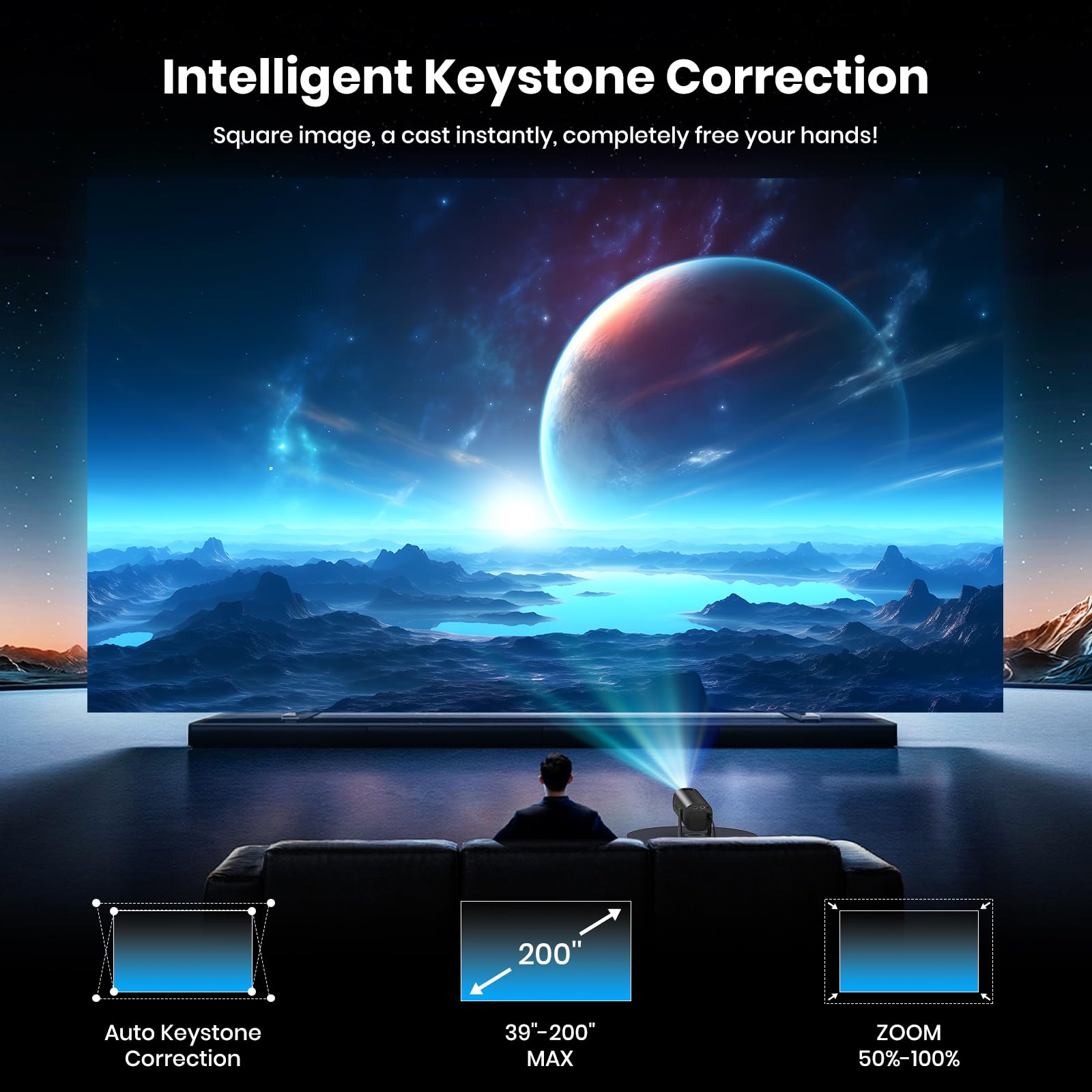 [Apps integrate & Modalità Stella] Mini Proiettore Support 4K 1080P con Modalità Stella Proiettore con Apps e Android TV OS Auto Keystone WiFi 6 BT5.2, Compatible con TV Stick/USB/HDMI,Nero