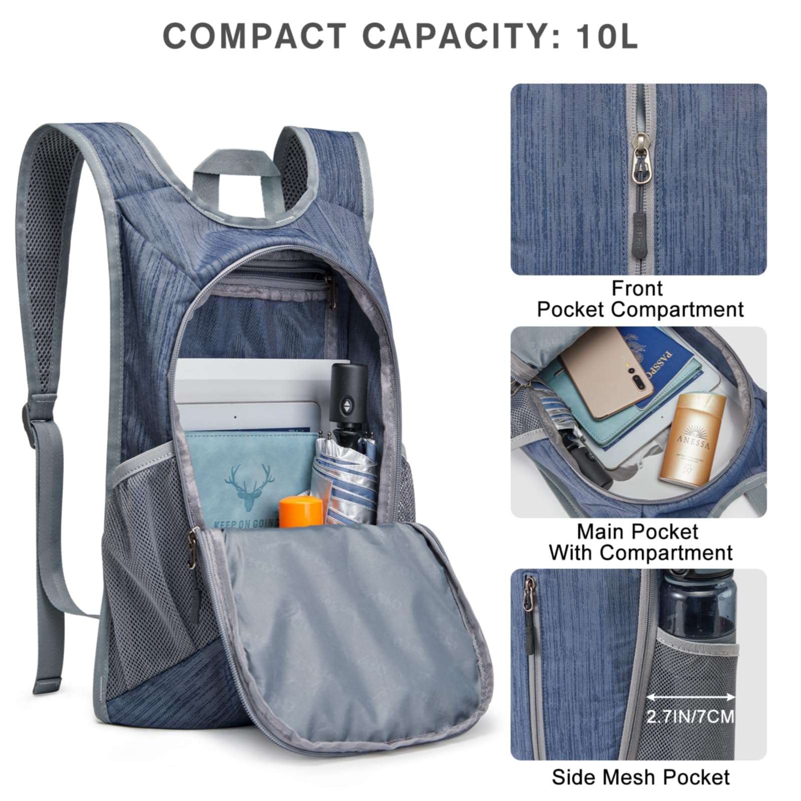 G4Free Small 10L Hiking Backpack Lightweight Foldable Rucksack Casual Travel Daypacks Mini Unisex Bag, Dark Blue - Image 3