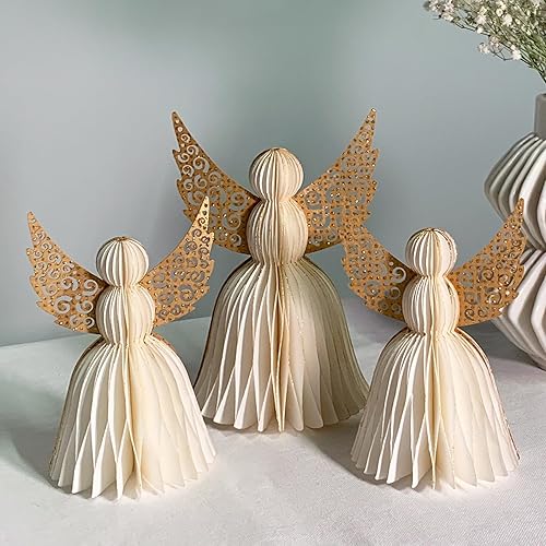 Paper Angels Adornos de Navidad Juego de 3 ángeles de panal de abeja 5 pulgadas y 6 pulgadas adornos de Navidad de papel vintage en purpurina