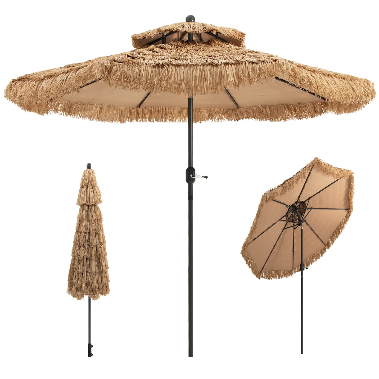KOMFOTTEU Sombrilla Hawaiana de 2,7m, Sombrilla de Paja, Sombrilla de Rafia Plegable, Sombrilla de Playa con Doble Techo, Sombrilla de Mercado para Jardín, Balcón, Playa