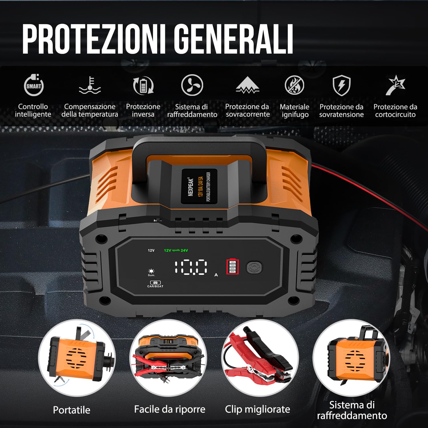 Caricabatterie Intelligente 10A, Caricabatterie per Auto LiFePO4 12V 24V, Mantenitore Automatico della Batteria con Compensazione della Temperatura per Auto Moto Camion, AGM, Gel, Bagnato, SLA