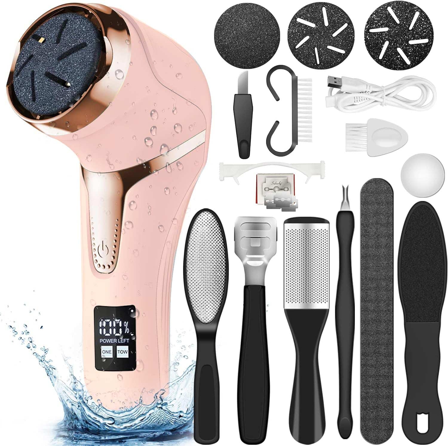Electric Callus Remover for Feet (with Vacuum Cleaner), Rechargeable Foot Callus Remover Pedicure Tools Foot File, Professional Foot Care Kit Deadskin Remover with 3Heads&2Speed,LCD Display-Pink
