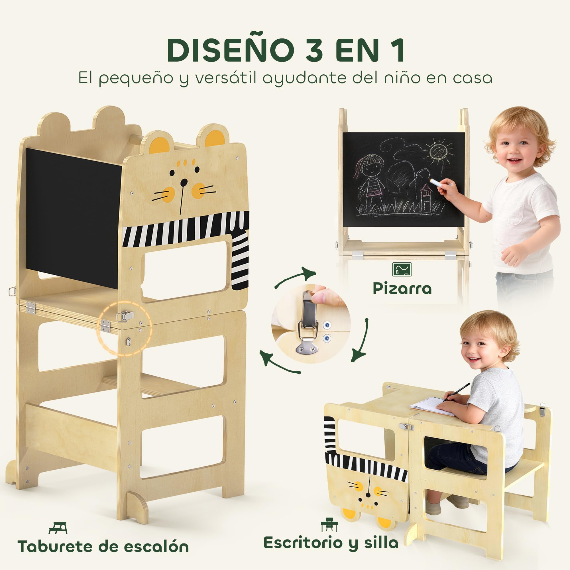 Tour d'apprentissage pour Enfants Pliable Montessori, Tour d'observation multifonctionnelle 3 en 1 avec Tableau à Dessin - Chat - Puériculture & Eveil bébé