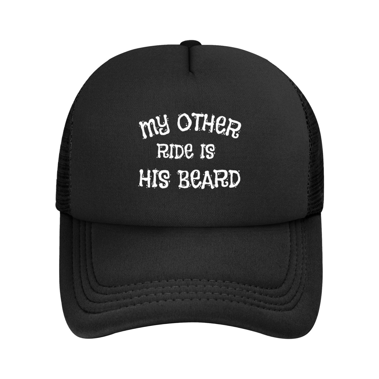 Fwjzdsp Unisex Black My Other Ride Is His Beard Mesh Hat For Men Women Baseball Cap Adjustable Trucker Hat Dad Mom Hat Gifts