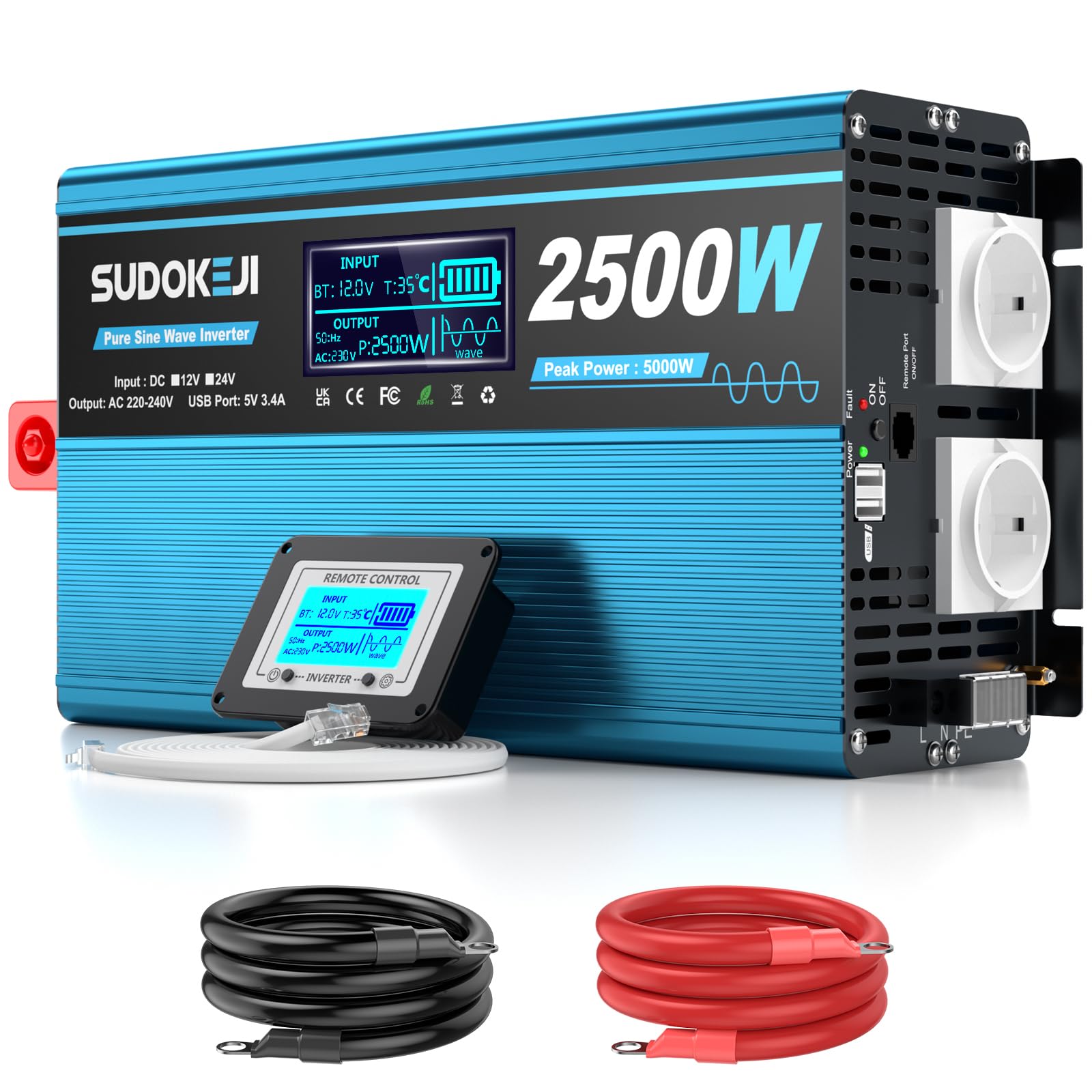 SUDOKEJI Wechselrichter Reiner Sinus 2500W (5000W Spitze) – 12V auf 230V Spannungswandler mit LCD-Display & Fernbedienung, 2X EU-Steckdose & 2X USB, ideal für Wohnmobil, LKW, Boot, Camping