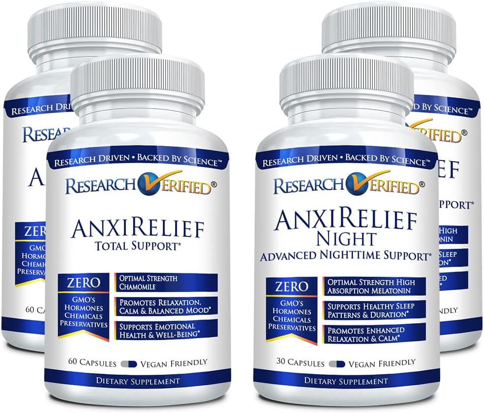 Research Verified AnxiRelief - Natural Relaxation Supplement- with Valerian Root, 5-HTP, Magnesium, L-Theanine - 24 Hour Support - 4 Bottle (2 Day & 2 Night Bottles)