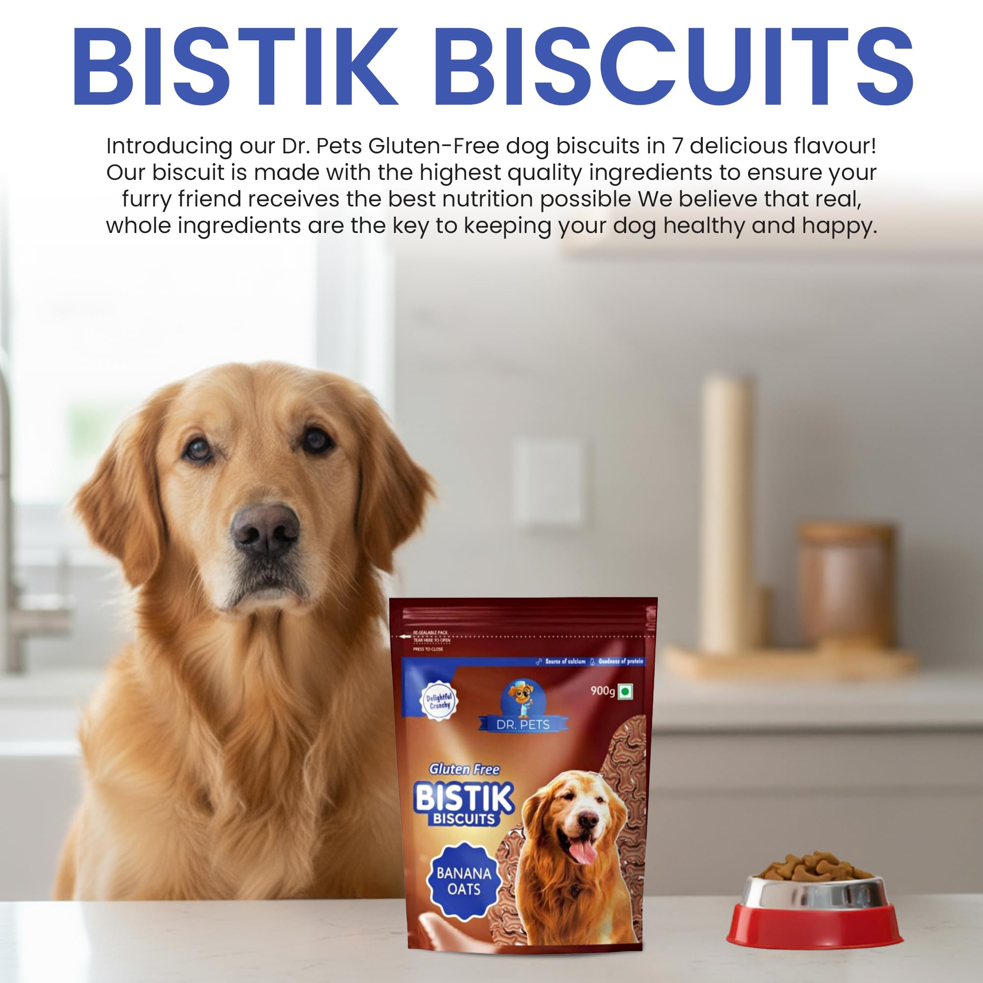 Dr.Pets Bistik Dog Food Treat - Dog Biscuits for Adult Dog & Puppy, Gluten Free Healthy Treats with Fresh & Natural Ingredients, Banana Oats Flavor 900g Pack of 1 1