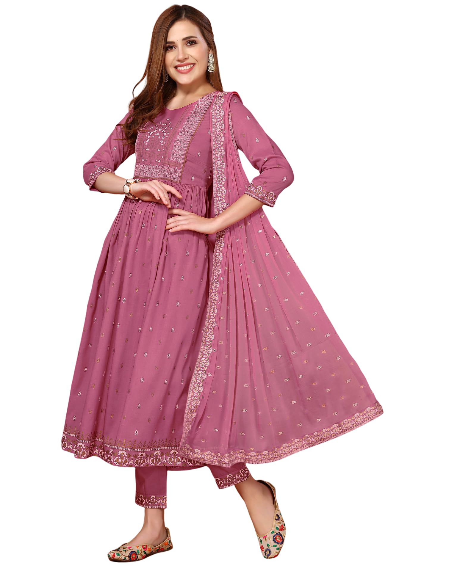 Photo 1 of SIRIL Women's Cotton Silk Foil Printed Anarkali Kurta Pant with Dupatta Set (66KBD755-M_Dusty Pink)