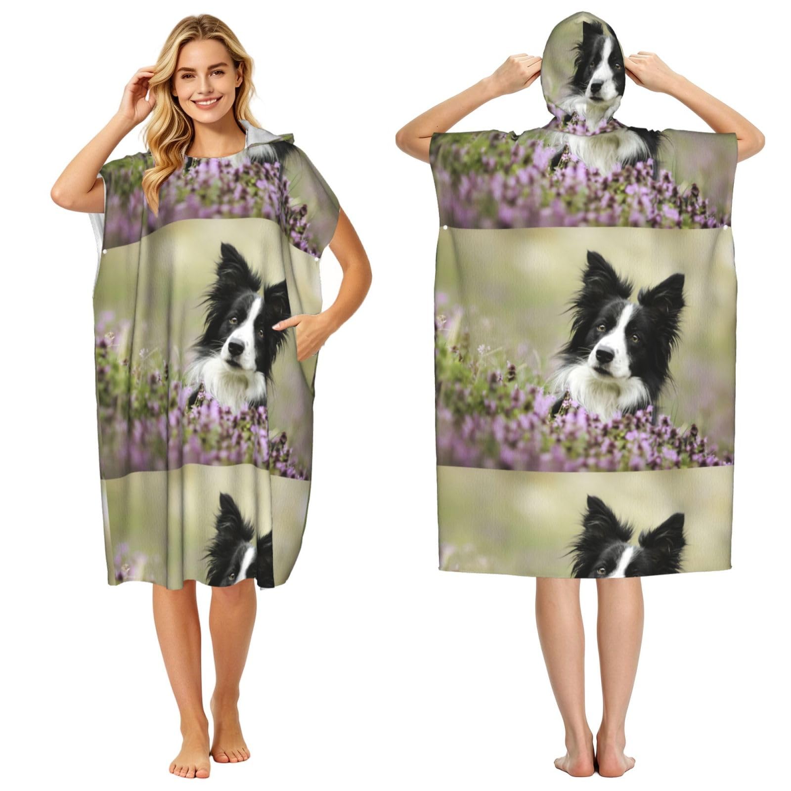 Poadnly Border Collie Lawn Black Border Collie Pets, Adult Hooded Beach Towel 90 x 110 cm,Changing Bath Robe, Surf Poncho Towel For Women Men