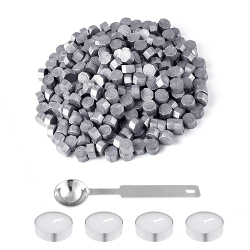 600 cuentas de sello de cera plateada con 1 cuchara de fusión de cera y 4 velas de té para tarjetas de felicitación de cartas, manualidades de