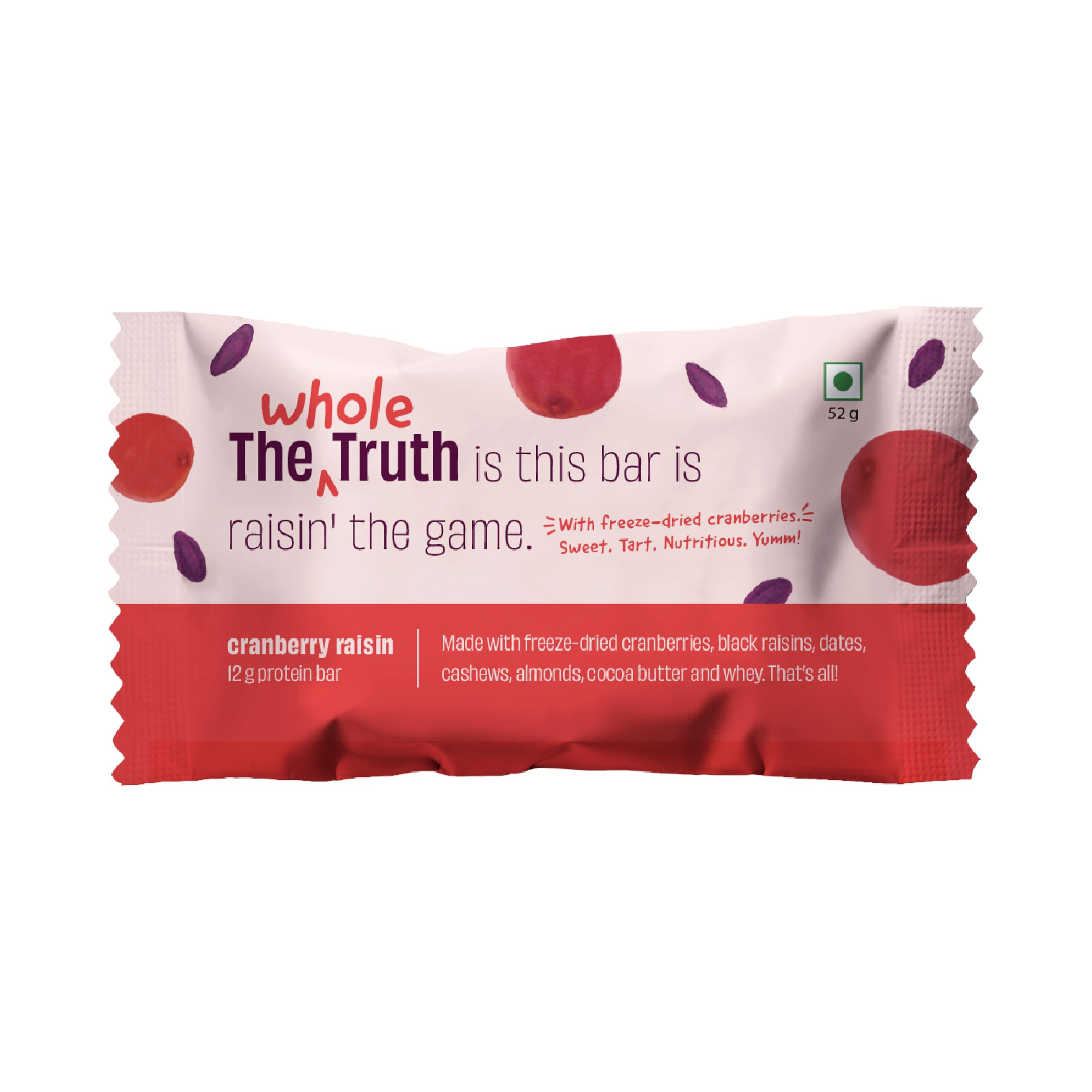 The Whole Truth - Protein Bars - Cranberry Raisin | Pack of 6 x 52g each | No Added Sugar | No Added Preservatives | No Gluten or Soy | No Artificial Sweeteners | All Natural