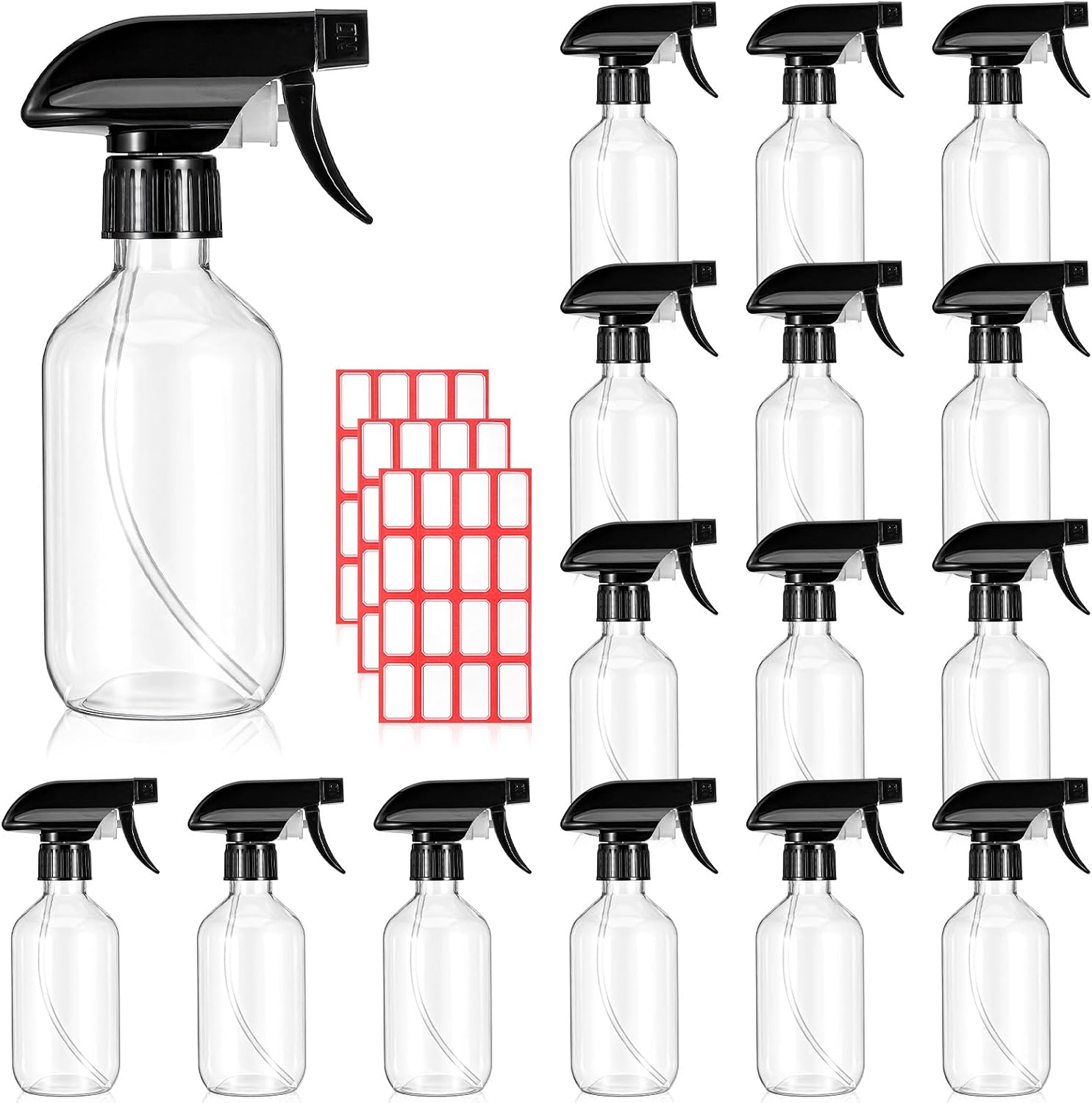15 Pack Plastic Spray Bottles Bulk 100z/300ml Heavy Duty Spraying Bottles with Stickers Empty Mist Water Sprayer Refillable Containers for Cleaning Solutions, Essential Oils, Hair, Cooking (Clear)