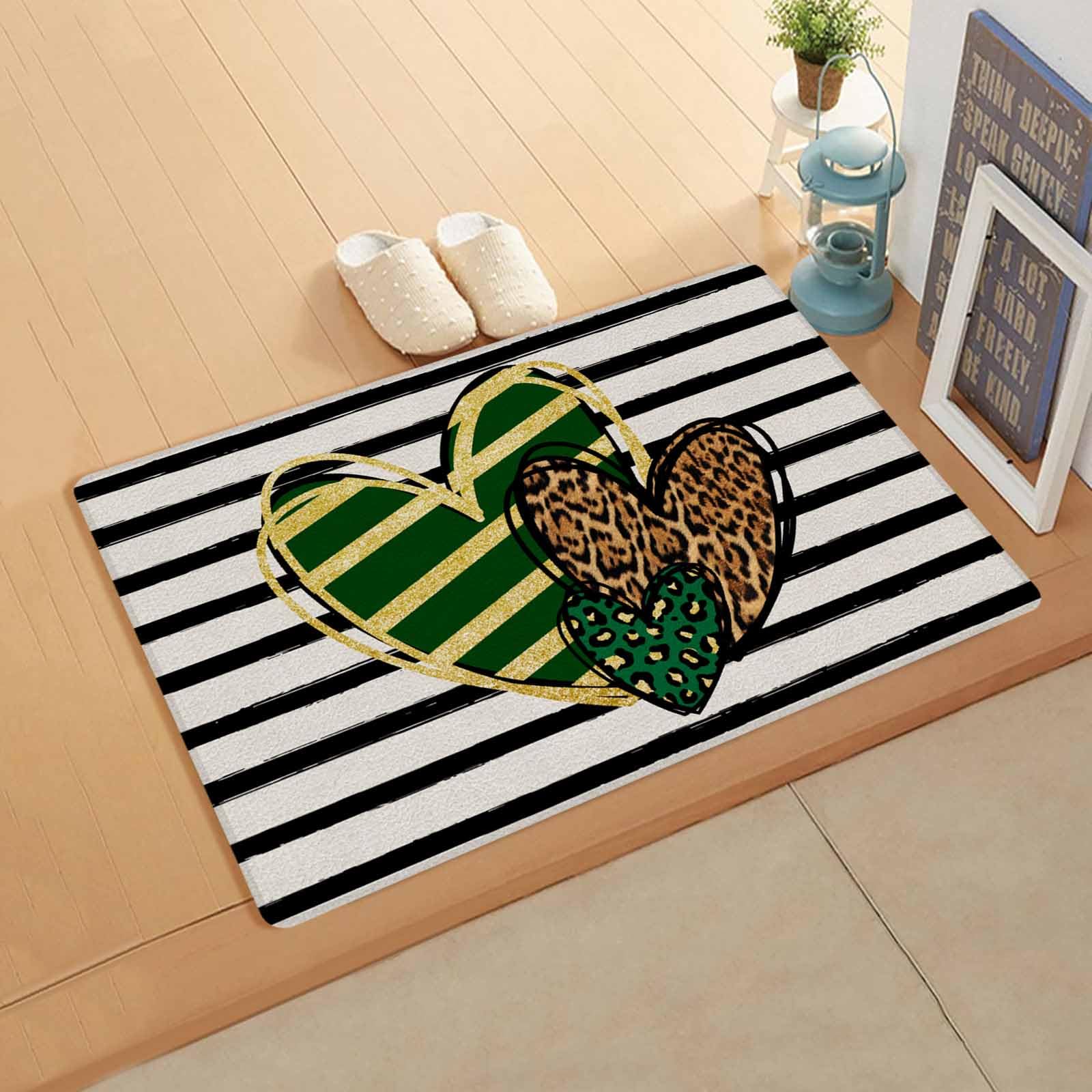 Golden Heart Kitchen Bath Door Mat Cushioned Runner Rug,Washable Welcome Floor Sink Antifatigue Mat,Waterproof & Non-Slip Comfort Standing Doormat,St. Patrick's Day Black Stripes Leopard Print 18