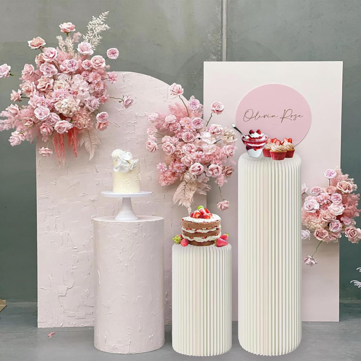 3PCS Hochzeit Karton Blumensäule Vasen mit Weißem Stoffbezug, Faltbarer Blumenständer Dekosäule Weiß Zylinderförmige Blumenständer für Hochzeit Verlobung Geburtstag Tischdekoration