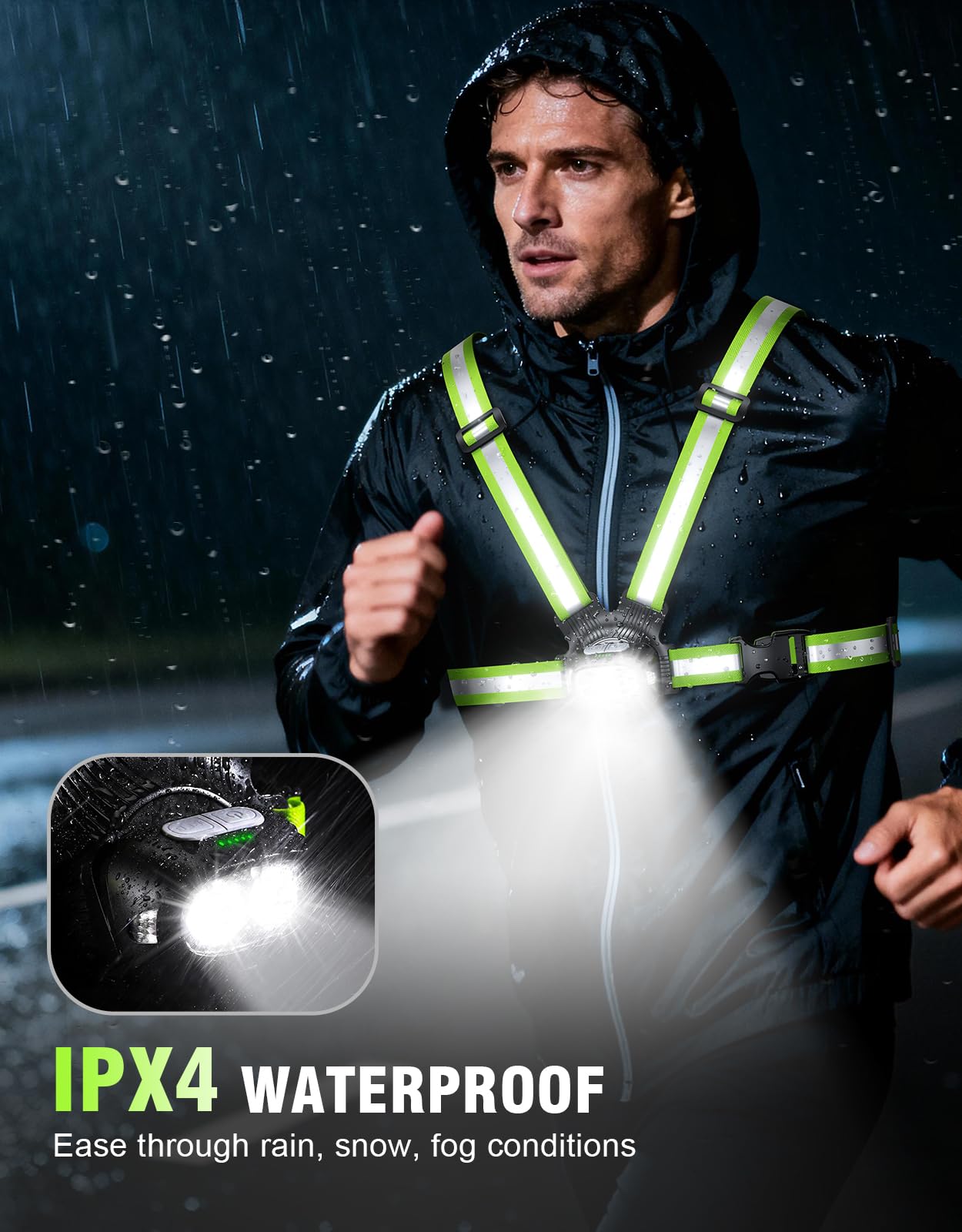 Luci da corsa per corridori, 500 lm, 1800 mAh, luce da corsa ricaricabile con 7 modalità e fascio regolabile a 45°, impermeabile IPX4 a 360°, gilet riflettente per passeggiate notturne, jogging
