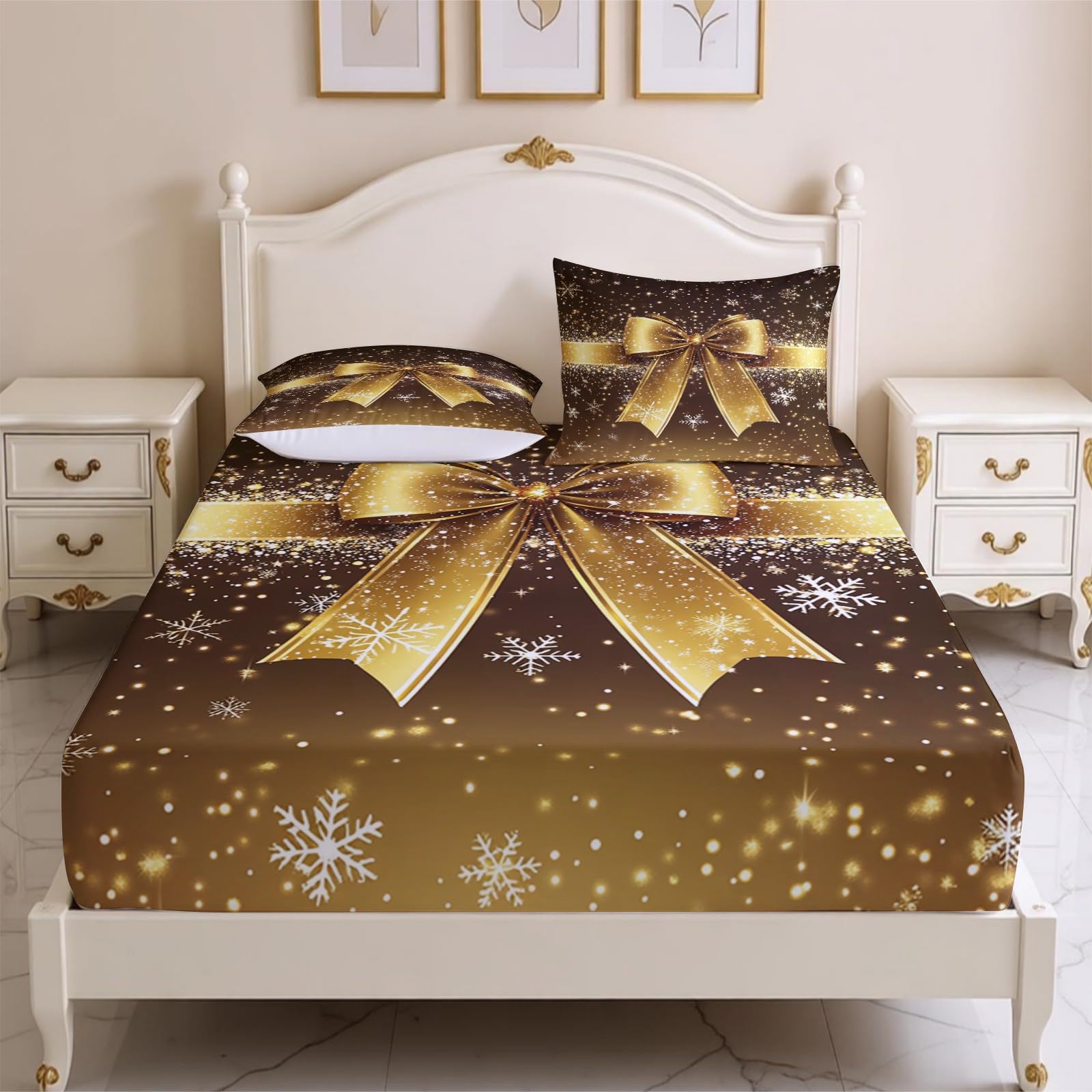 Lenzuolo con Angoli 180 x 200 cm Microfibra Biglietti di Natale Lenzuolo Sotto Elasticizzato Profondo 25 cm oro per Singolo e Matrimoniale