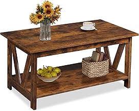 WLIVE Rustic Brown 100cm Wooden Coffee Table, 2-Tier Open Storage Centre Table with M-Shaped Reinforcement, for Small UK Living Spaces