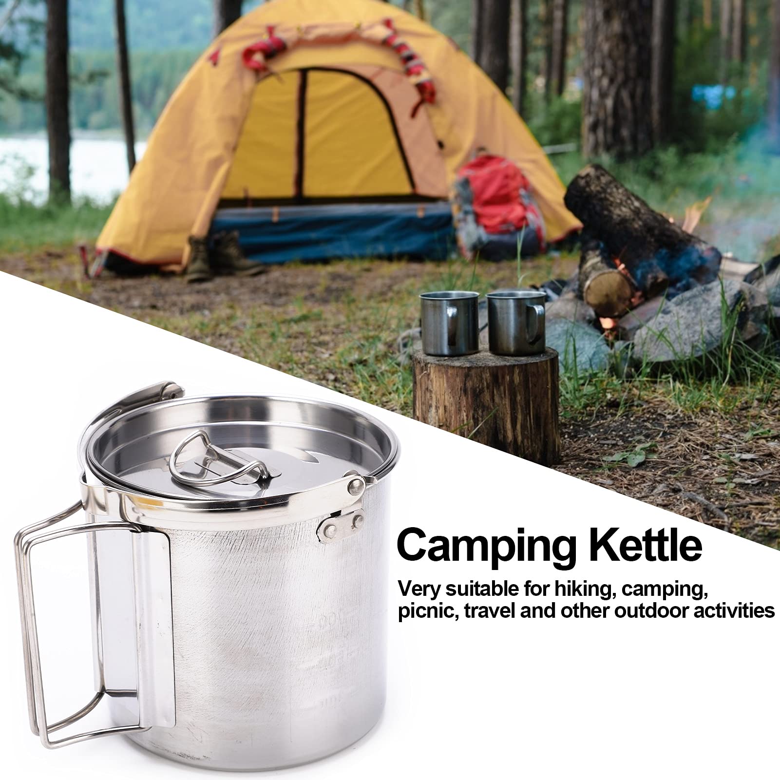 Segutage 1.2L Camping Tea Kettle, Portable Stainless Steel Hiking Pot Outdoor Home Kitchen Coffee Pot with Handles and with Lids for Camping Hiking Picnic