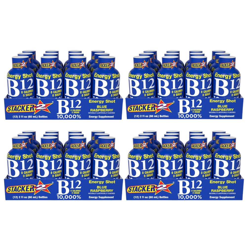 STACKER 2Blue Raspberry B12 Energy Shot, 2oz (Pack of 48)