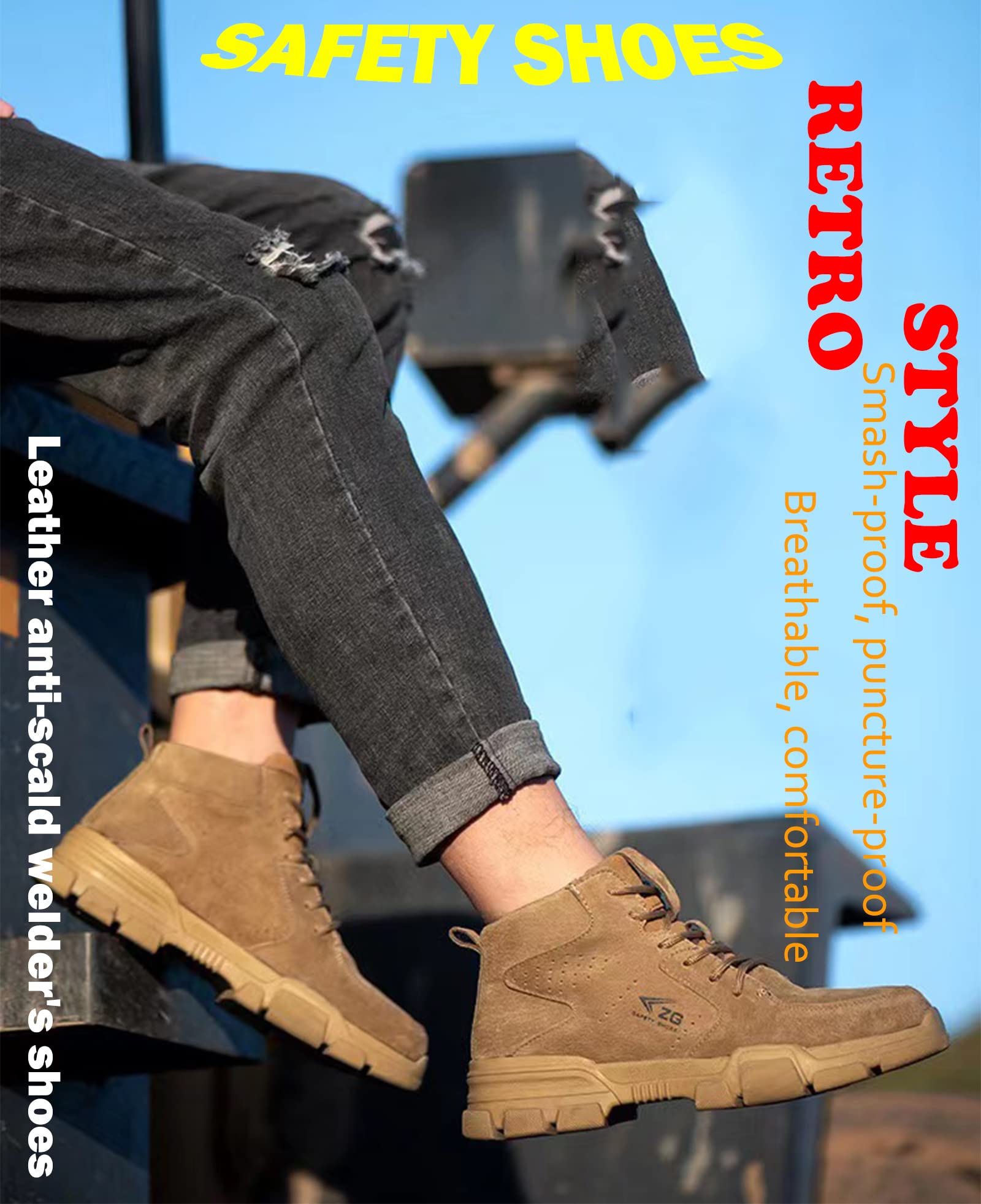 Micoklinlin Mens Steel Toe Shoes Breathable Pigskin Welding Shoes Waterproof Lightweight Safety Shoes for Work Retro Casual Puncture Proof Work Boots Khaki
